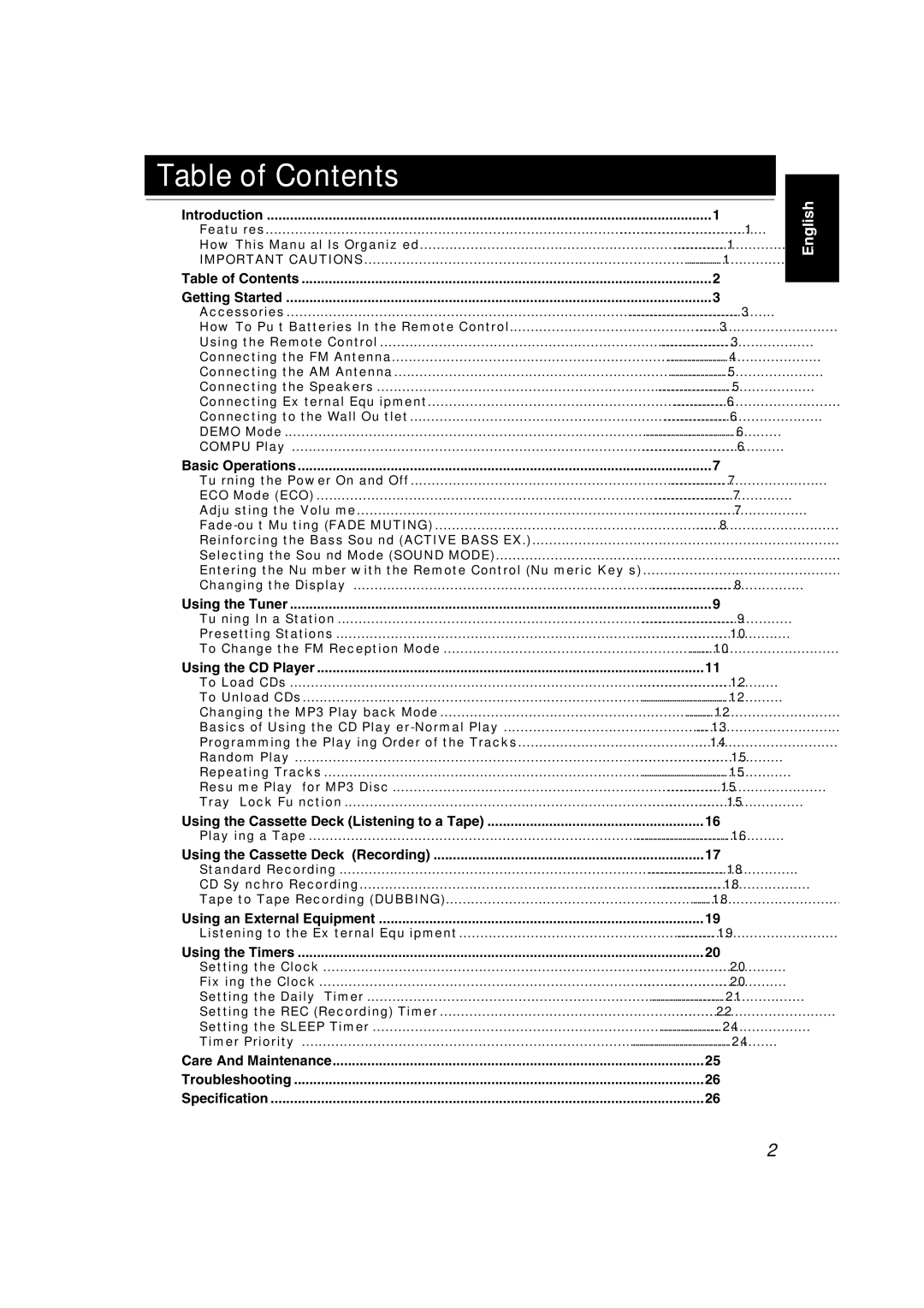 JVC MX-KC2, KX-KC15 manual Table of Contents 