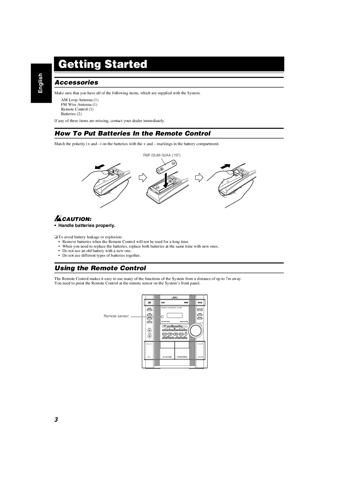 JVC KX-KC15, MX-KC2 Getting Started, Accessories, How To Put Batteries In the Remote Control, Using the Remote Control 