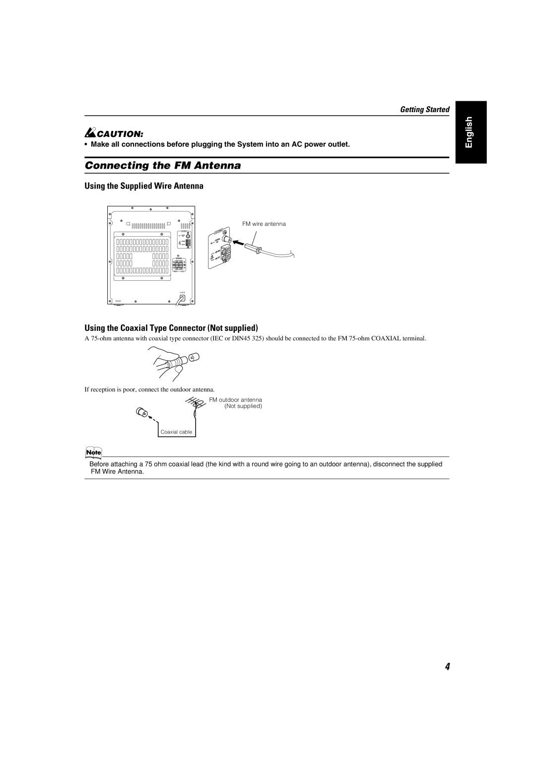 JVC MX-KC2 manual Connecting the FM Antenna, Using the Supplied Wire Antenna, Using the Coaxial Type Connector Not supplied 