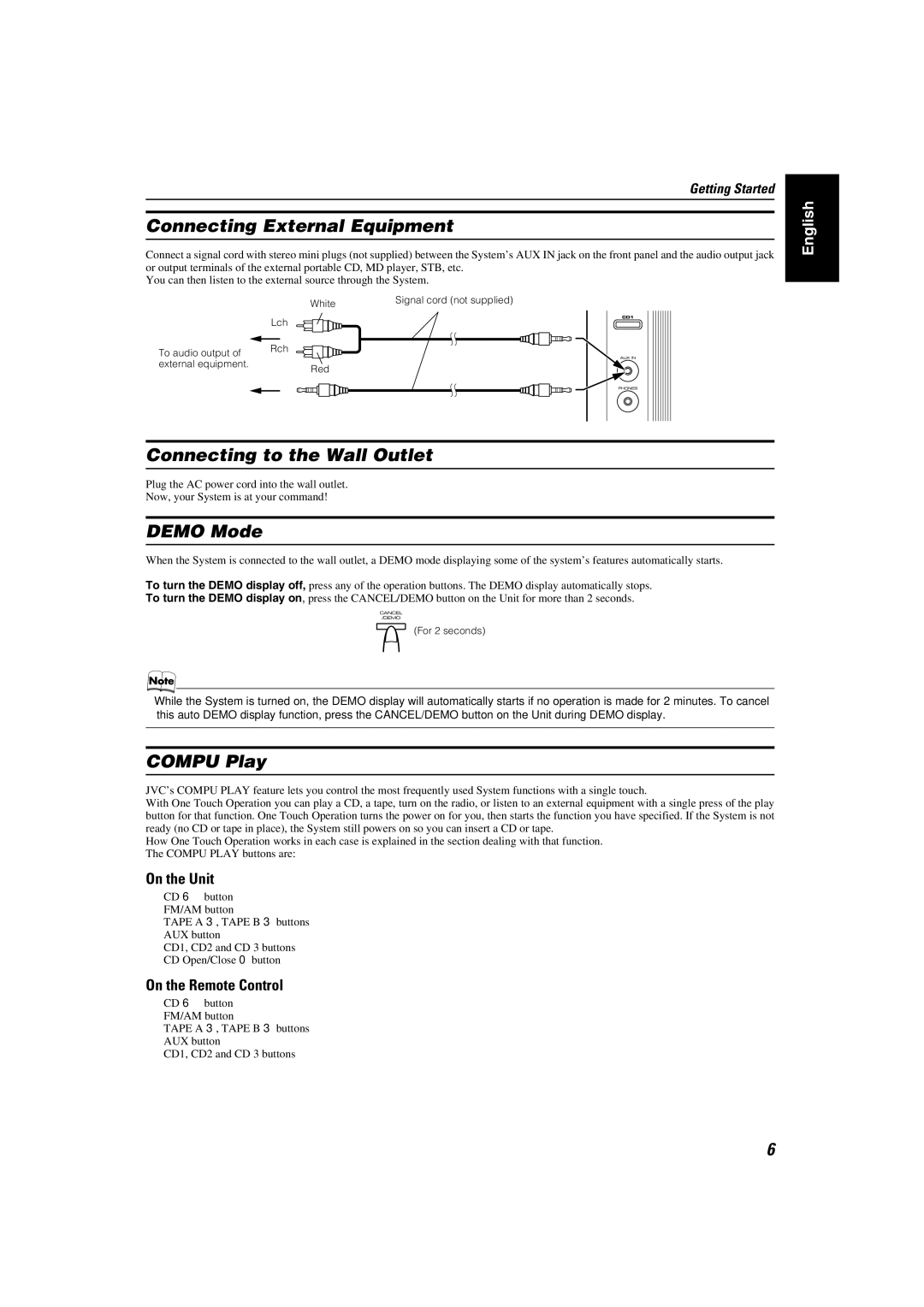 JVC MX-KC2, KX-KC15 manual Connecting External Equipment, Connecting to the Wall Outlet, Demo Mode, Compu Play 