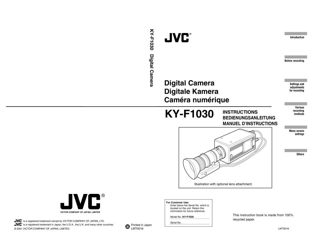 JVC KY-F1030 manual Illustration with optional lens attachment, This instruction book is made from 100% recycled paper 