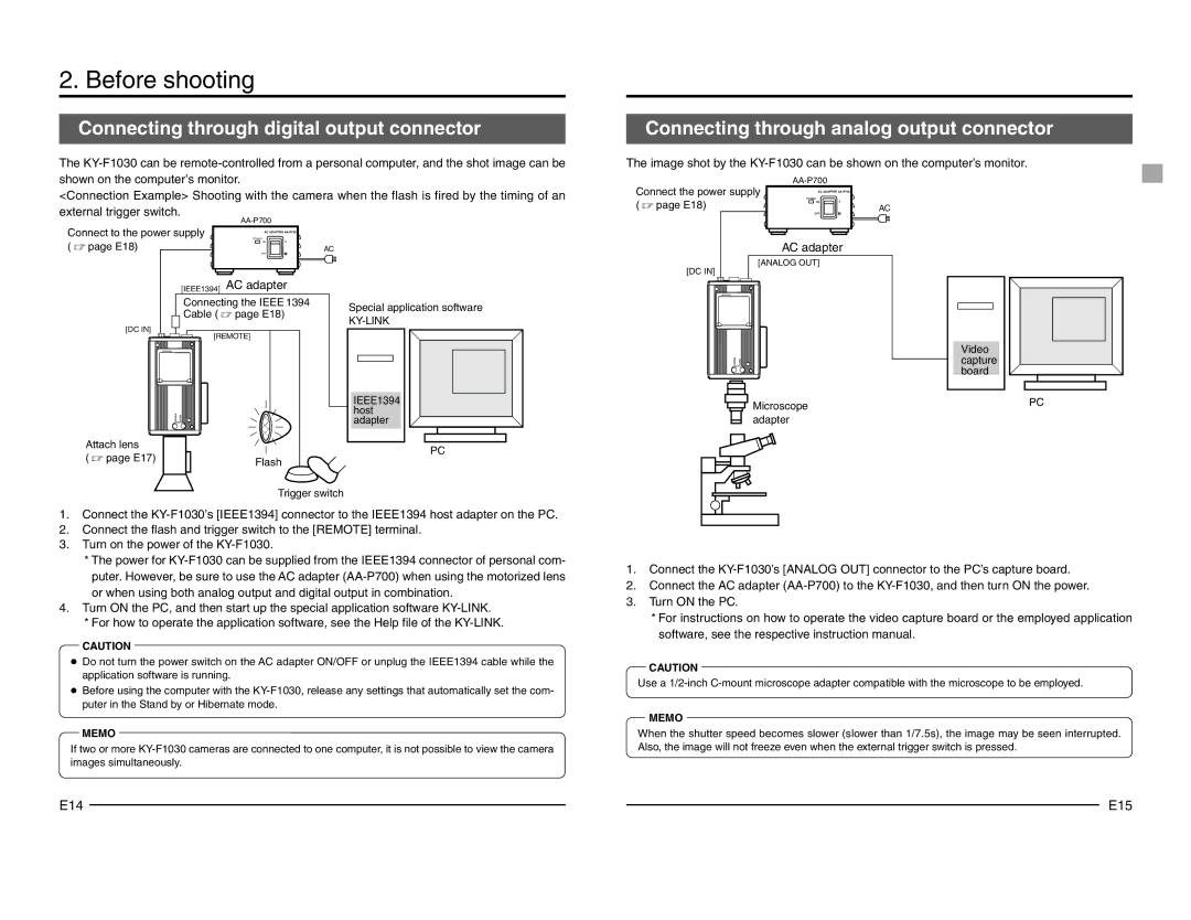 JVC KY-F1030 Before shooting, Connecting through digital output connector, Connecting through analog output connector, E15 