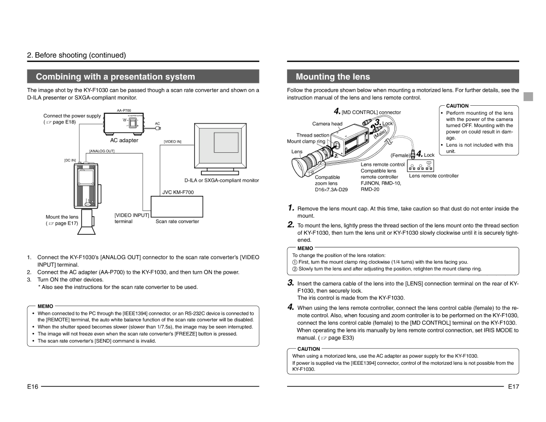 JVC KY-F1030 manual Combining with a presentation system, Mounting the lens 