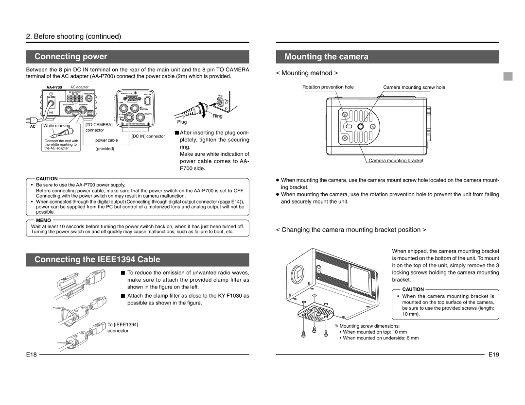 JVC KY-F1030 manual Connecting power, Mounting the camera, Connecting the IEEE1394 Cable, Mounting method 