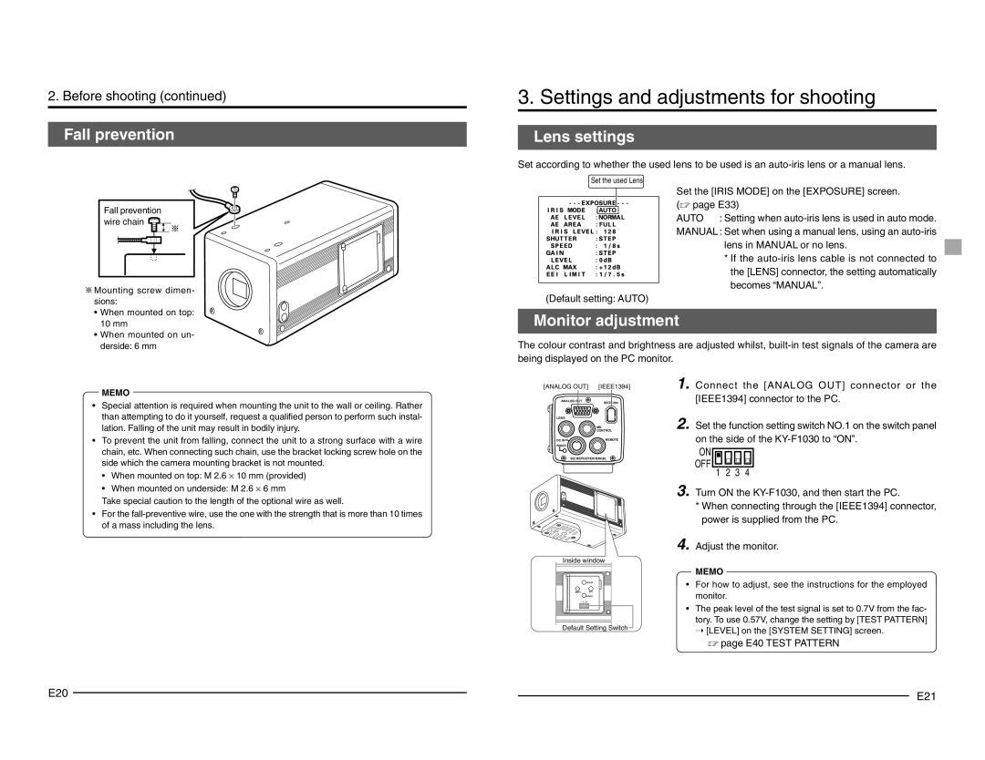 JVC KY-F1030 manual Settings and adjustments for shooting, Lens settings, Auto 