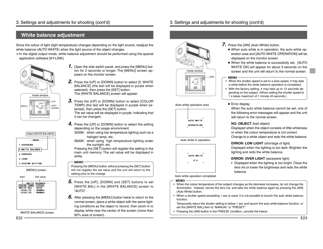 JVC KY-F1030 manual White balance adjustment, Temp the text will be displayed in purple when se, It can be changed 