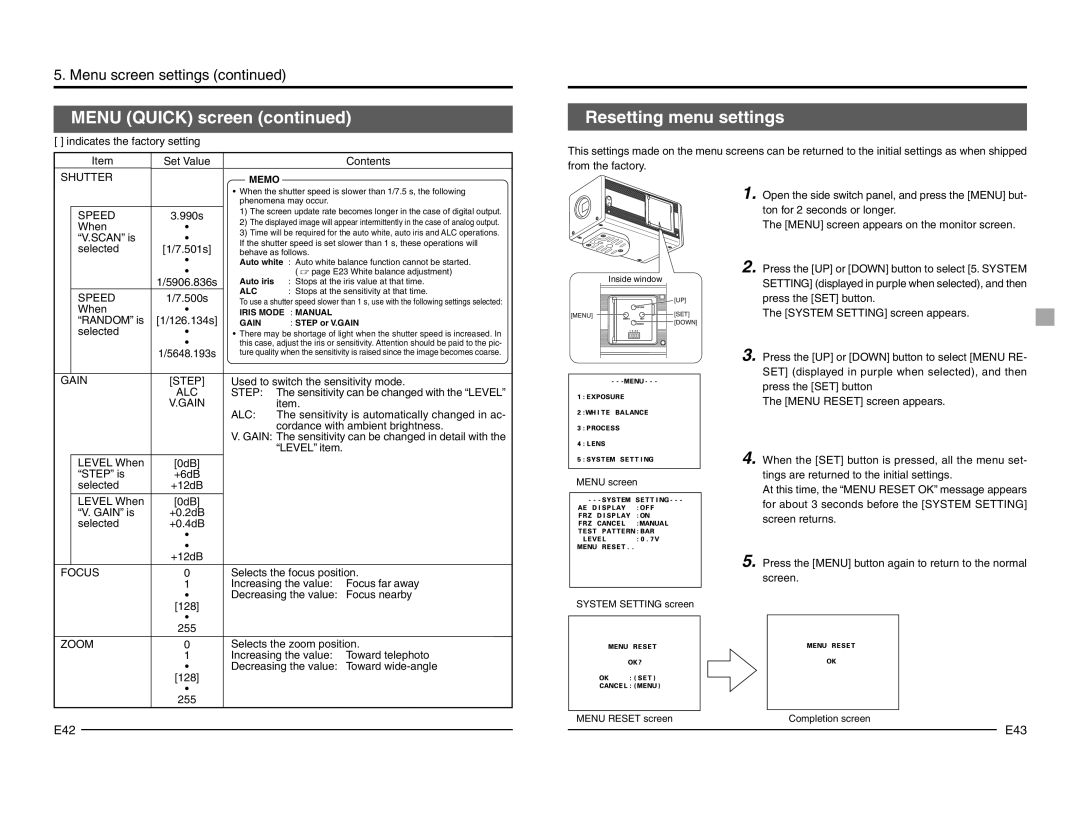 JVC KY-F1030 manual Resetting menu settings, Zoom 