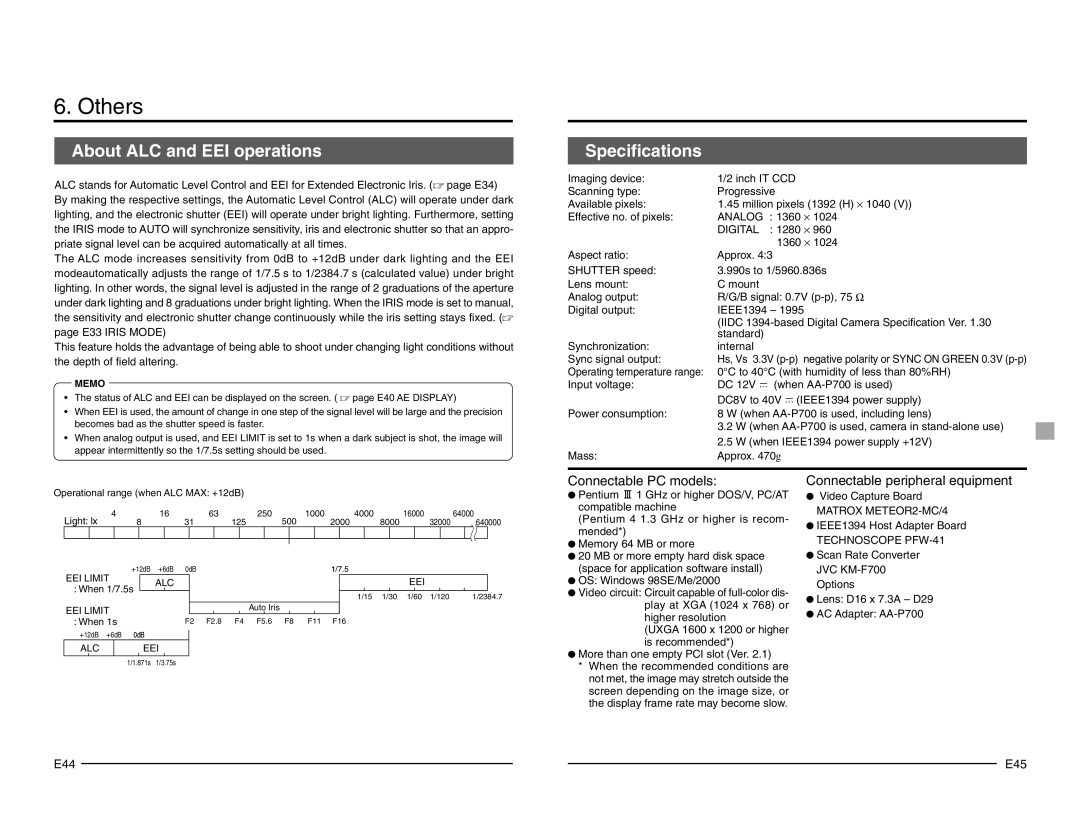 JVC KY-F1030 manual Others, About ALC and EEI operations Specifications, E45 