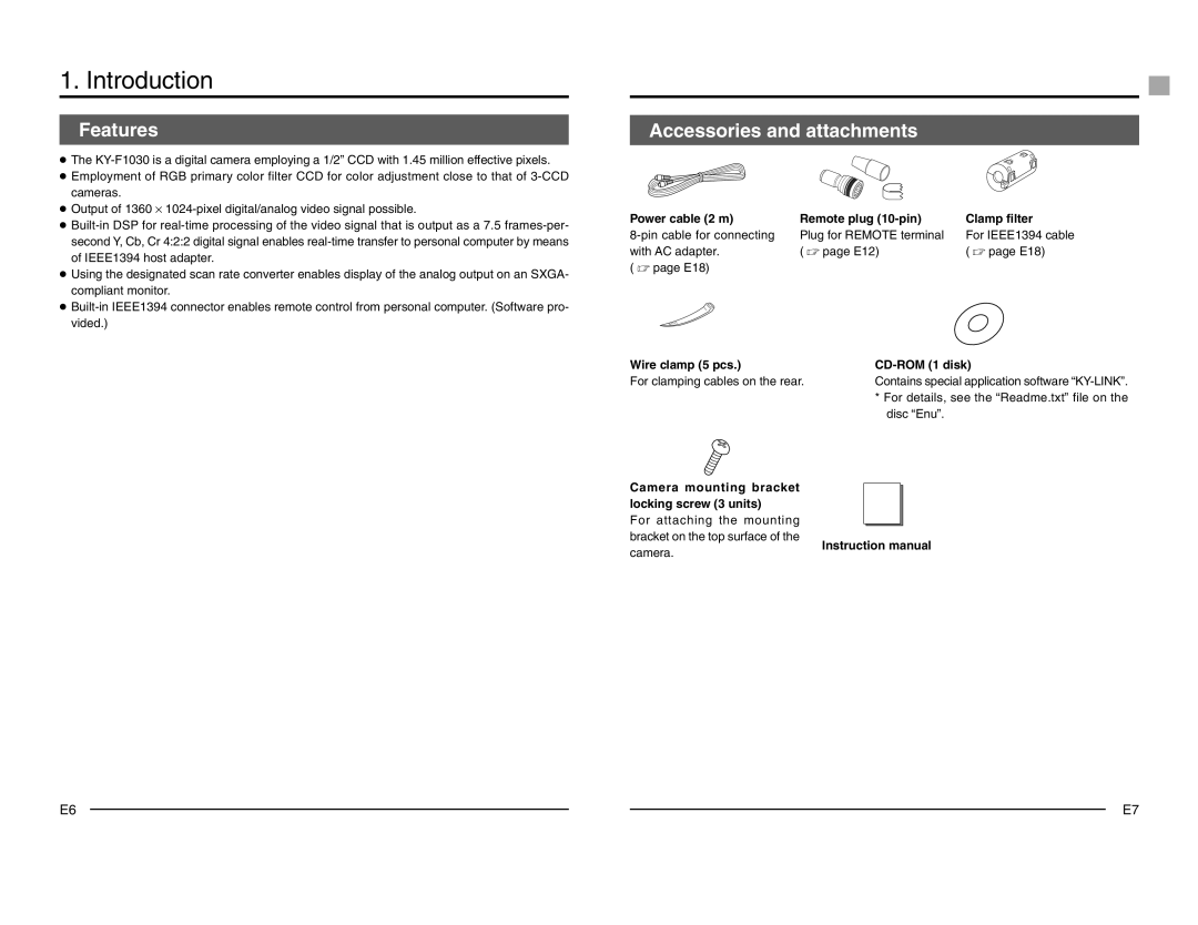 JVC KY-F1030 manual Introduction, Features, Accessories and attachments 