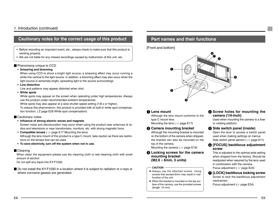 JVC KY-F1030 manual Part names and their functions, Front and bottom 