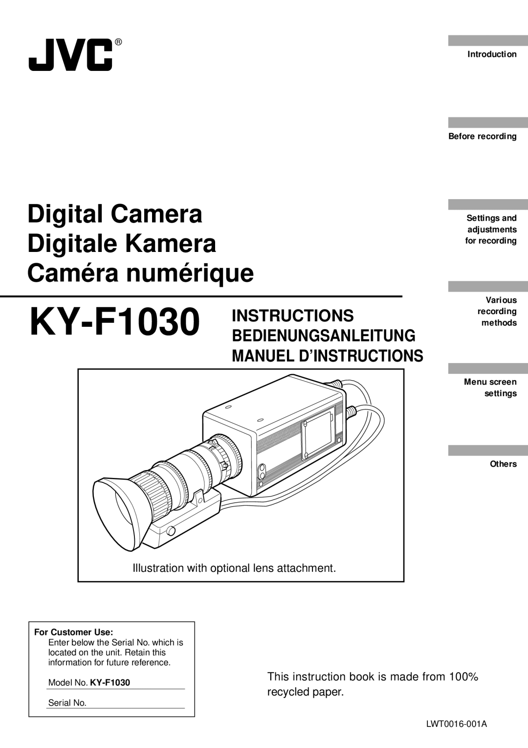 JVC KY-F1030U manual Illustration with optional lens attachment, This instruction book is made from 100% recycled paper 