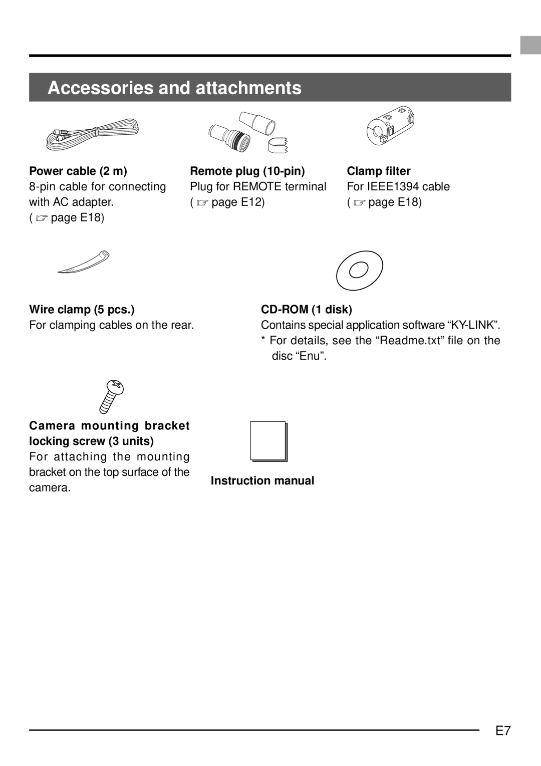 JVC KY-F1030U manual Accessories and attachments, Power cable 2 m Remote plug 10-pin Clamp filter, Wire clamp 5 pcs 