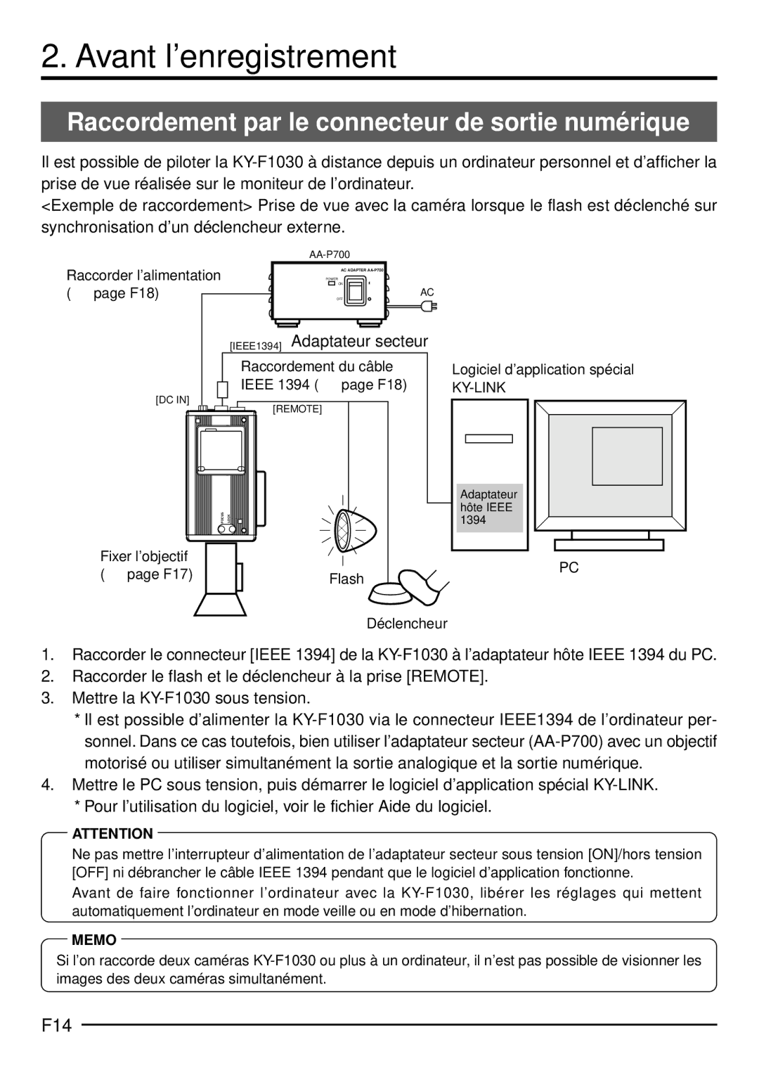 JVC KY-F1030U Avant l’enregistrement, Raccordement par le connecteur de sortie numérique, F14, IEEE1394 Adaptateur secteur 