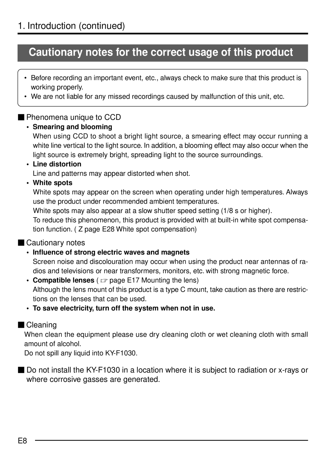 JVC KY-F1030U manual  Phenomena unique to CCD,  Cautionary notes,  Cleaning 