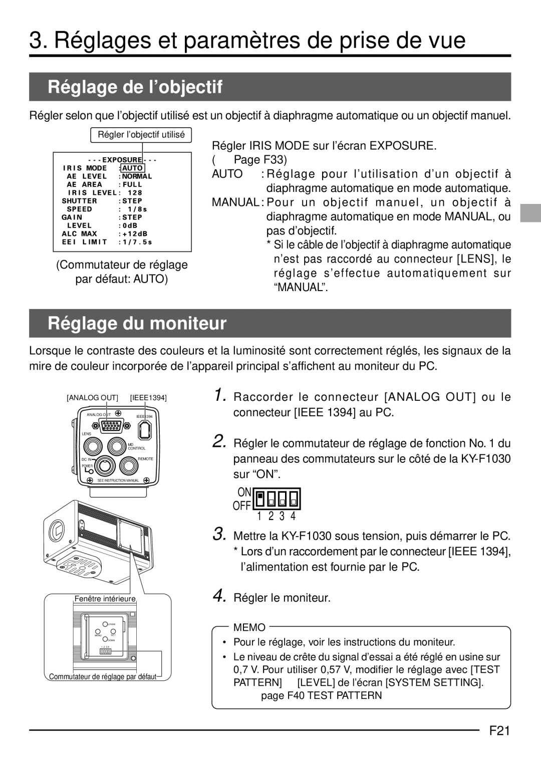 JVC KY-F1030U Réglages et paramètres de prise de vue, Réglage de l’objectif, Réglage du moniteur, F21, Régler le moniteur 