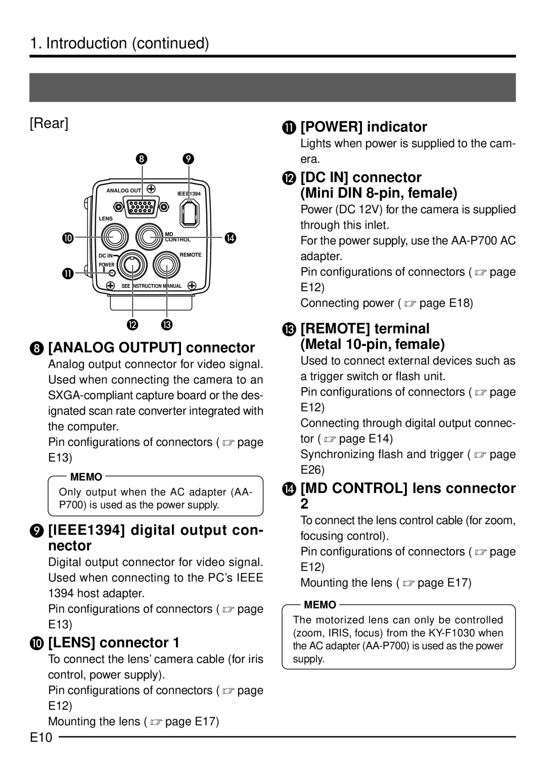 JVC KY-F1030U manual Rear, E10, Lights when power is supplied to the cam- era 