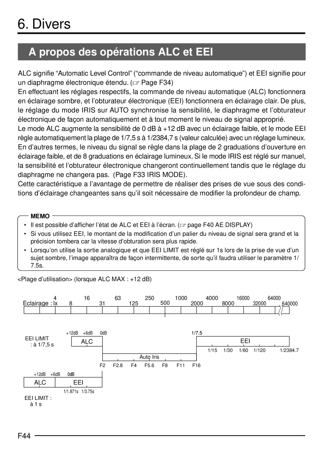 JVC KY-F1030U manual Divers, Propos des opé rations ALC et EEI, F44 