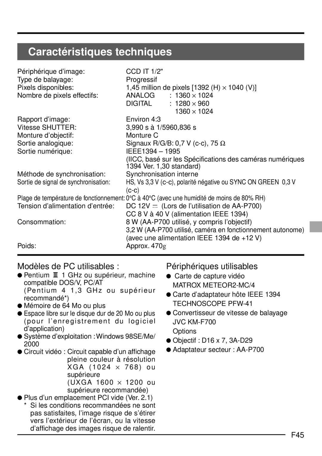 JVC KY-F1030U manual Caracté ristiques techniques, Modèles de PC utilisables, Périphériques utilisables, F45 