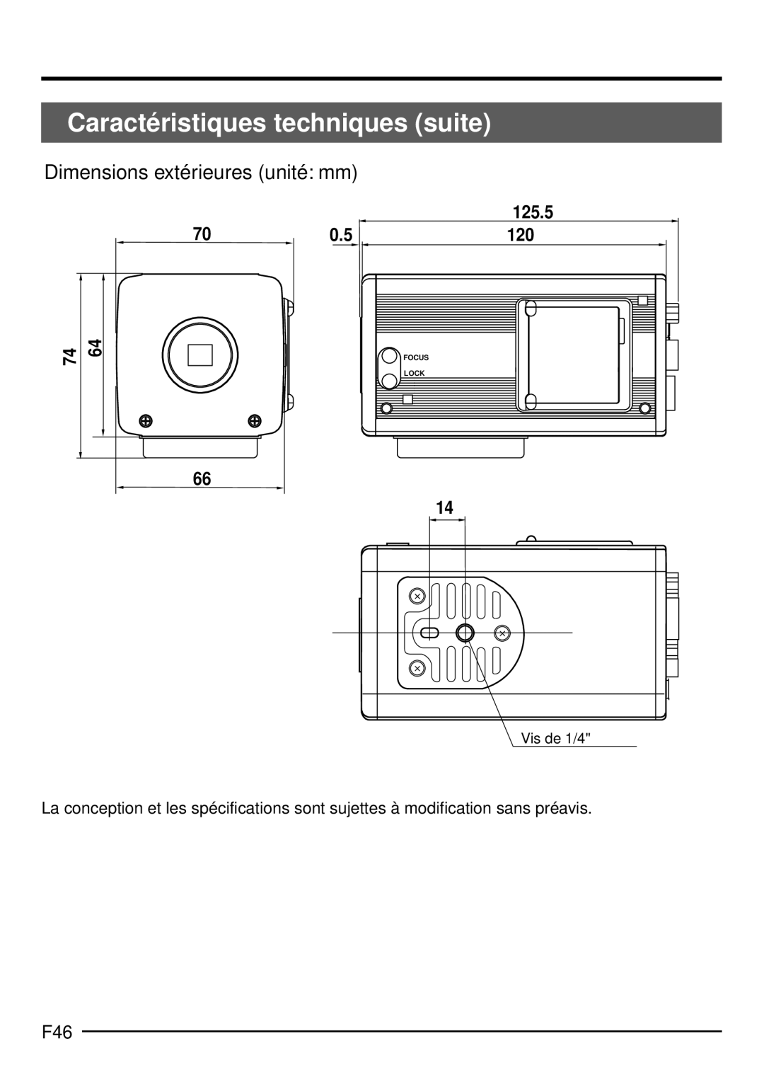 JVC KY-F1030U manual Caracté ristiques techniques suite, Dimensions extérieures unité mm, F46 