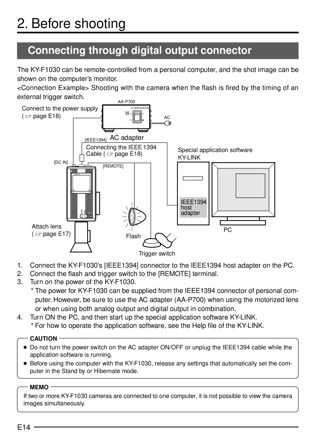 JVC KY-F1030U manual Before shooting, Connecting through digital output connector, E14 