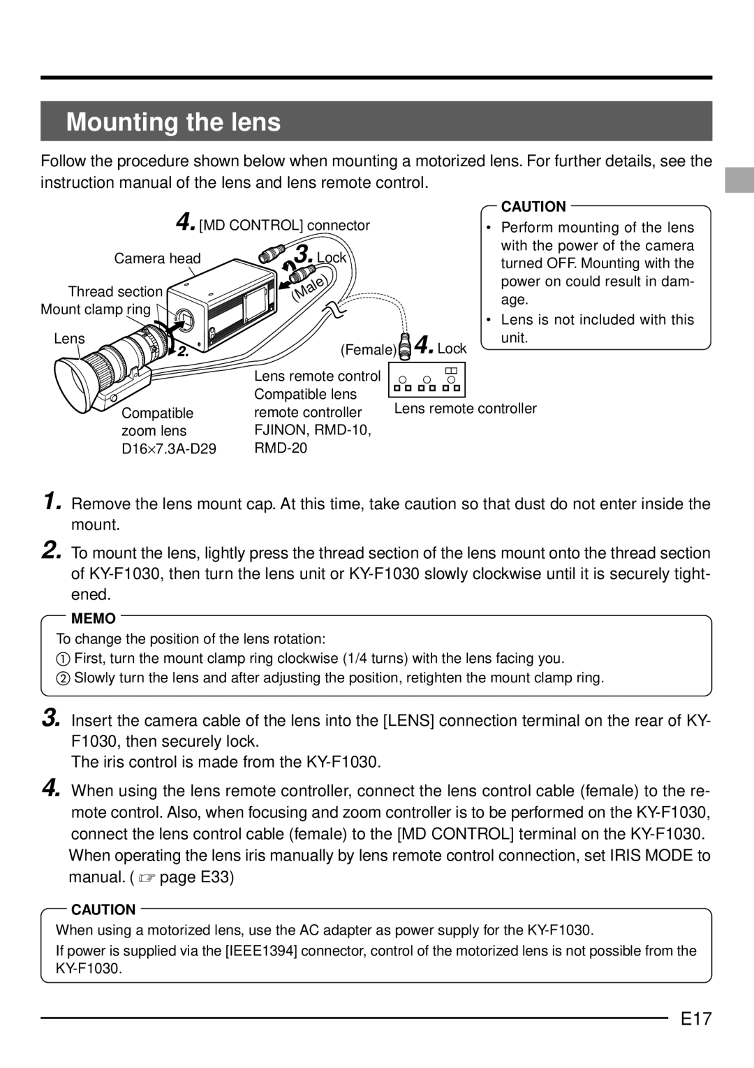 JVC KY-F1030U manual Mounting the lens, E17 