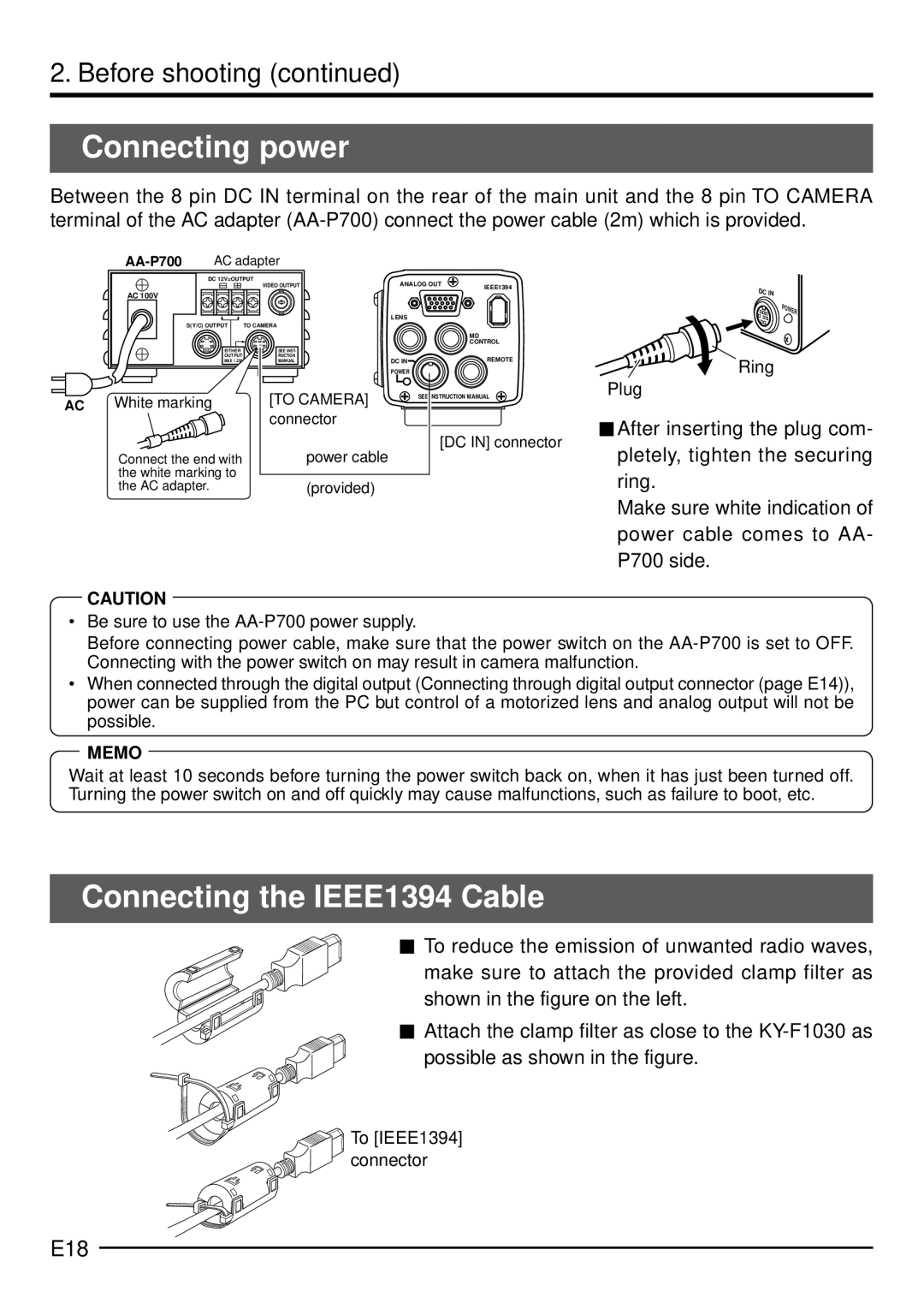 JVC KY-F1030U manual Connecting power, Connecting the IEEE1394 Cable, E18 