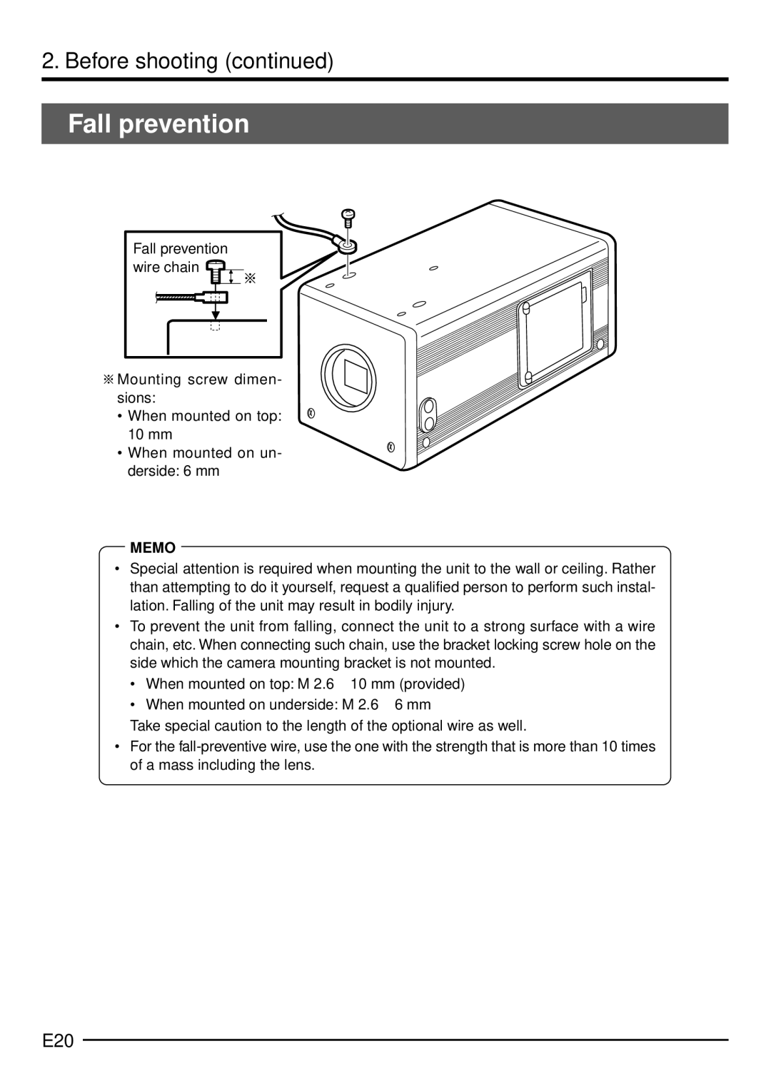 JVC KY-F1030U manual Fall prevention, E20 