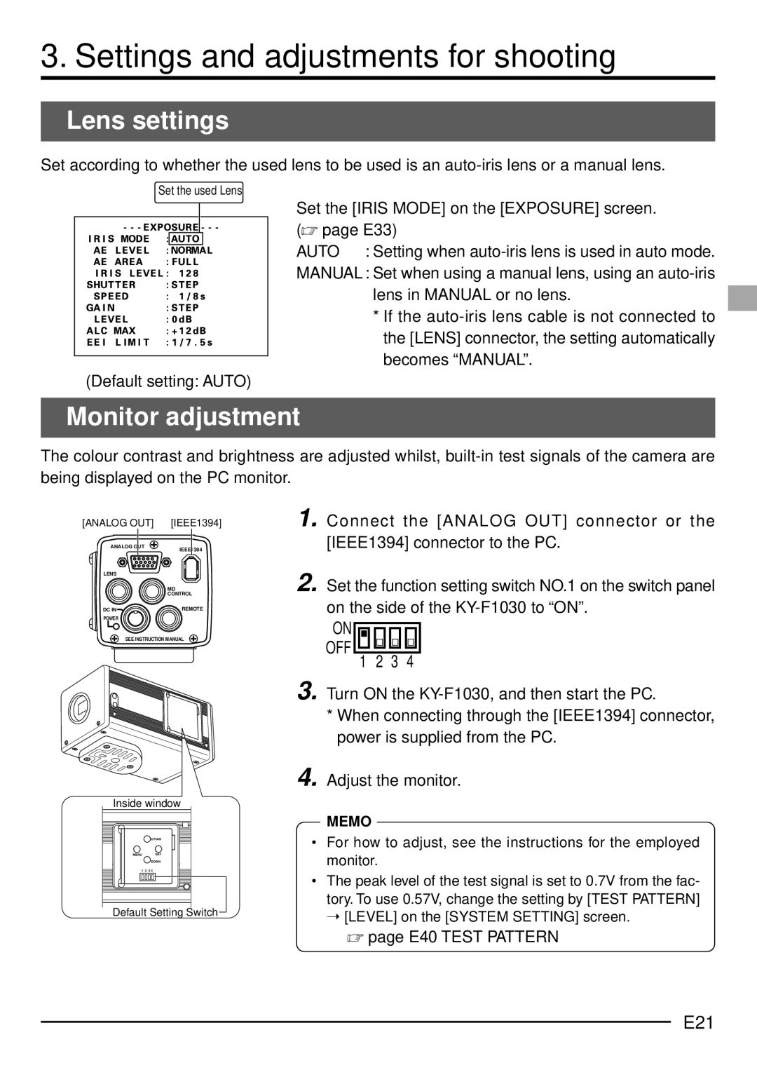 JVC KY-F1030U manual Settings and adjustments for shooting, Lens settings, Monitor adjustment, E21,  page E40 Test Pattern 