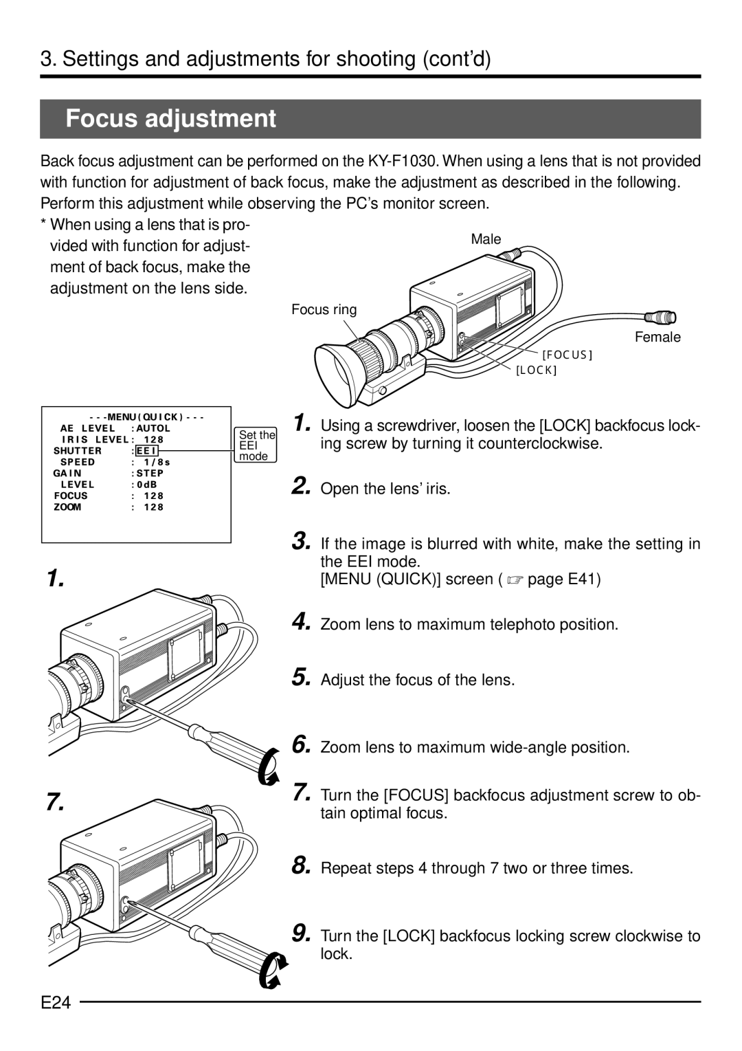 JVC KY-F1030U manual Focus adjustment, E24 