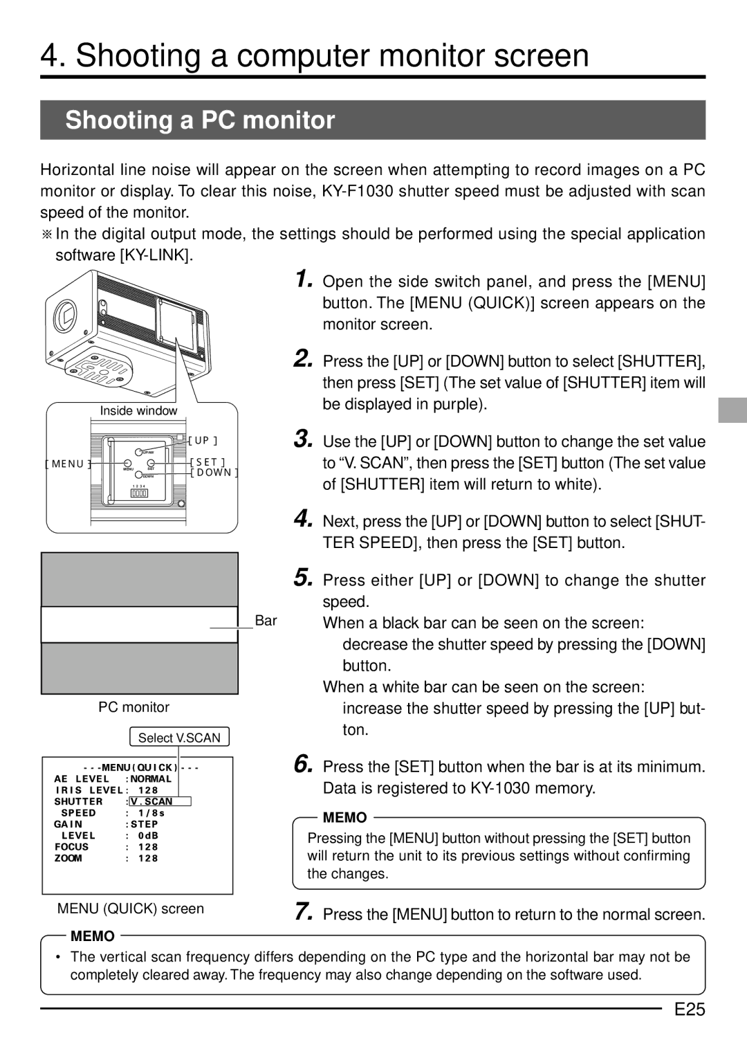 JVC KY-F1030U manual Shooting a computer monitor screen, Shooting a PC monitor, E25 