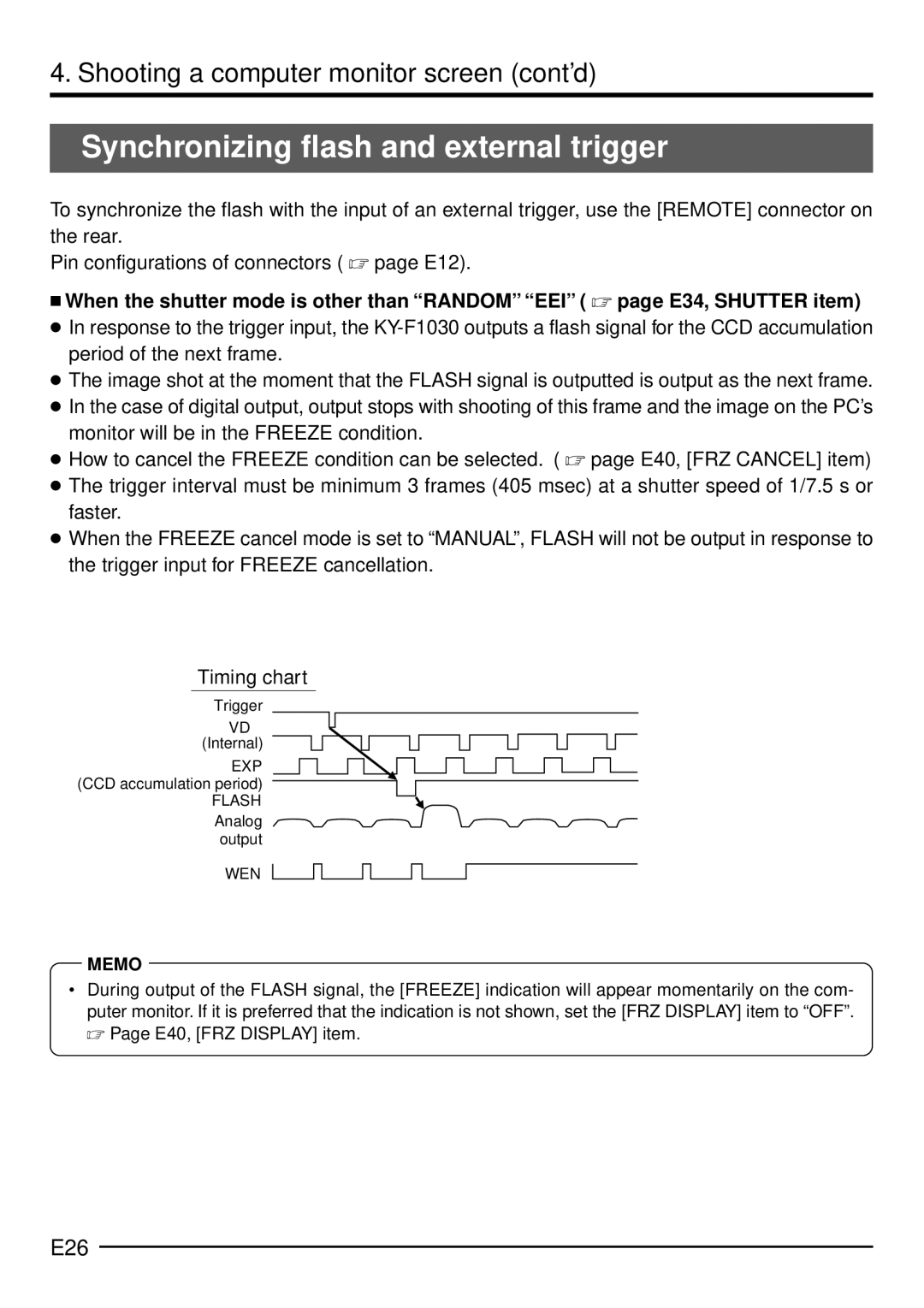 JVC KY-F1030U manual Synchronizing flash and external trigger, E26 
