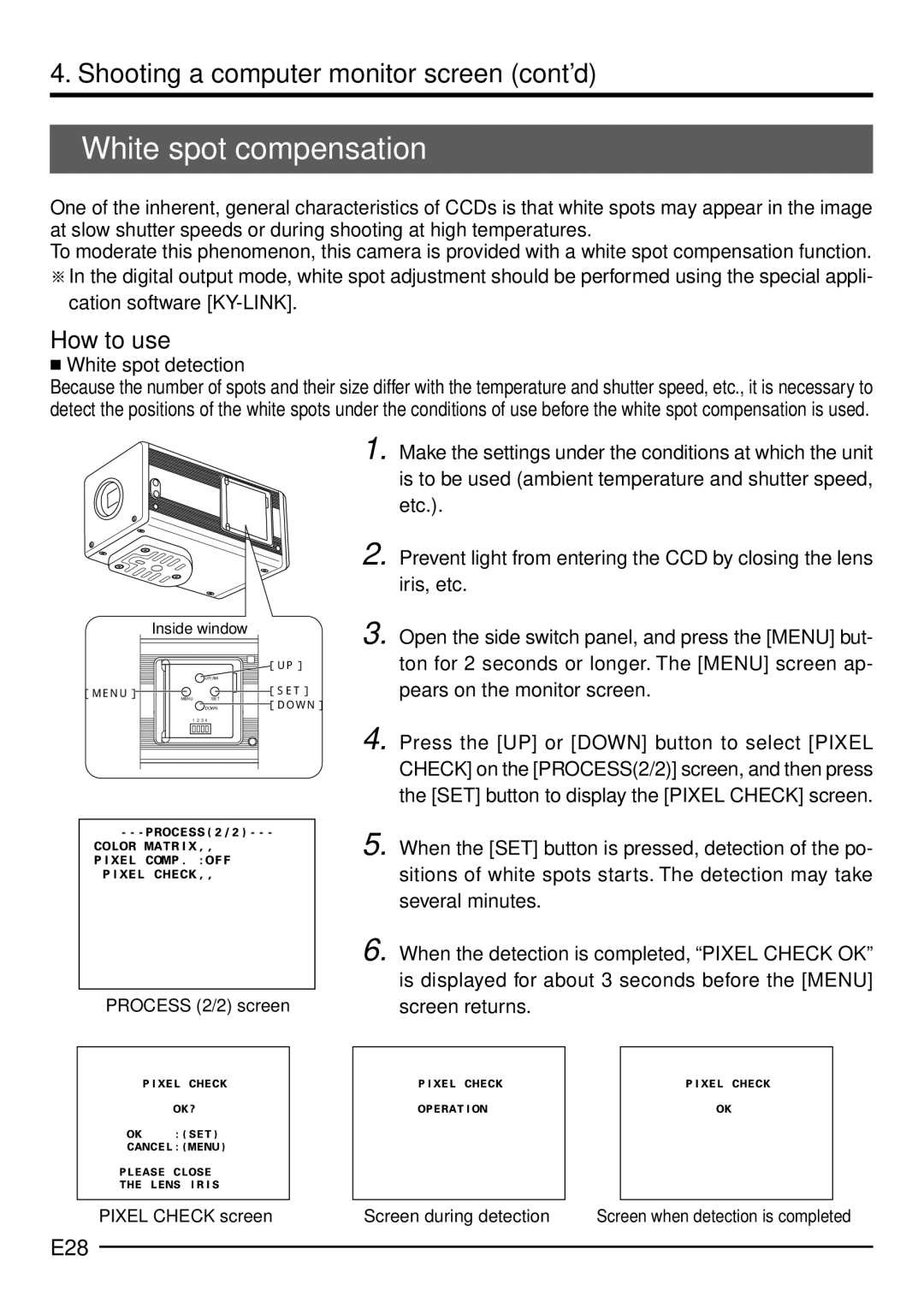 JVC KY-F1030U manual White spot compensation, How to use, E28, Cation software KY-LINK,  White spot detection 