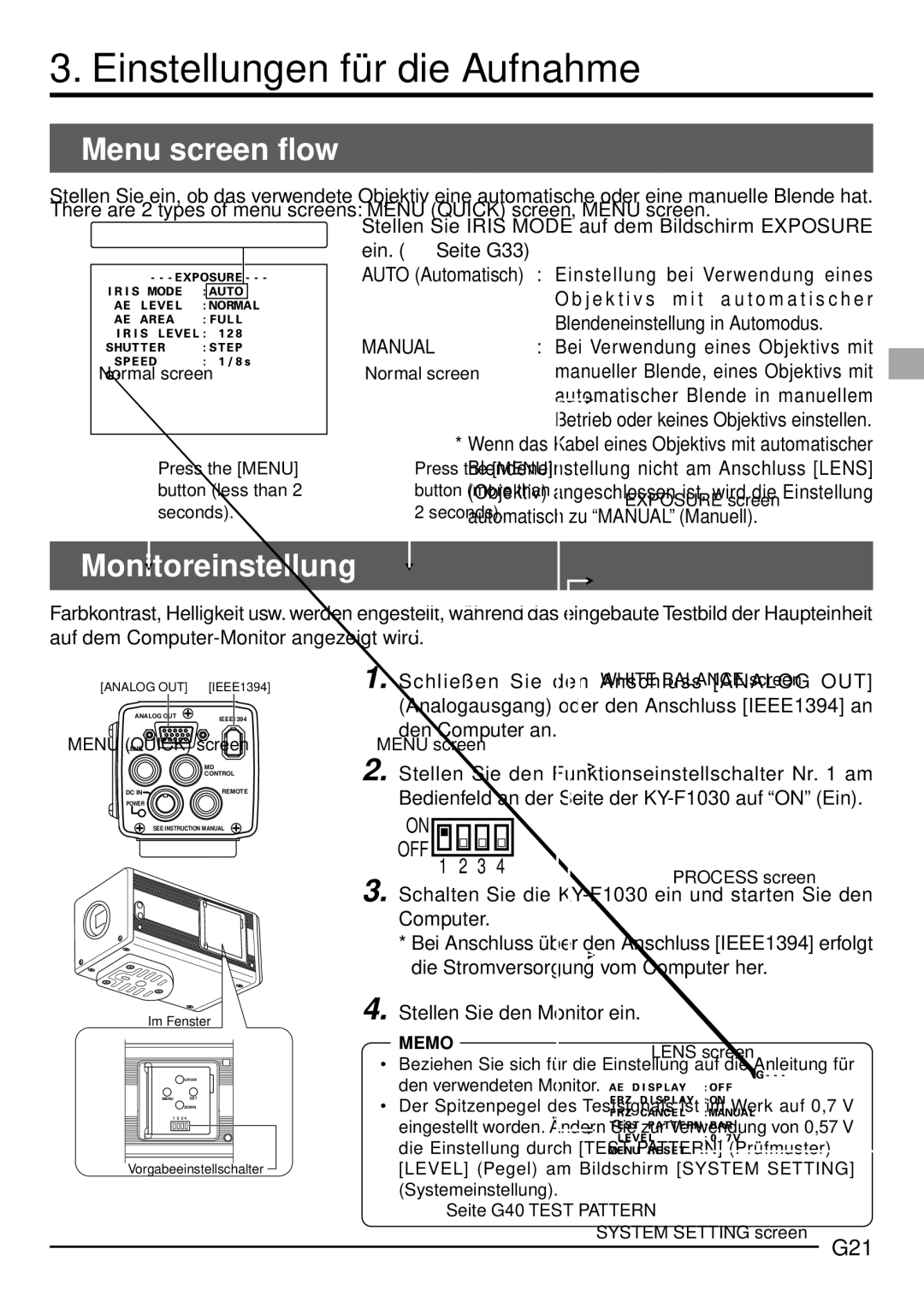 JVC KY-F1030U manual Einstellungen für die Aufnahme, Objektiveinstellungen, Monitoreinstellung, G21 