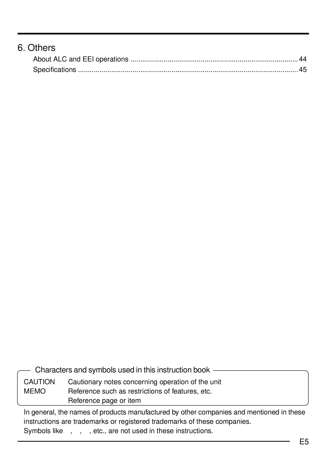 JVC KY-F1030U Characters and symbols used in this instruction book, About ALC and EEI operations Specifications, Memo 