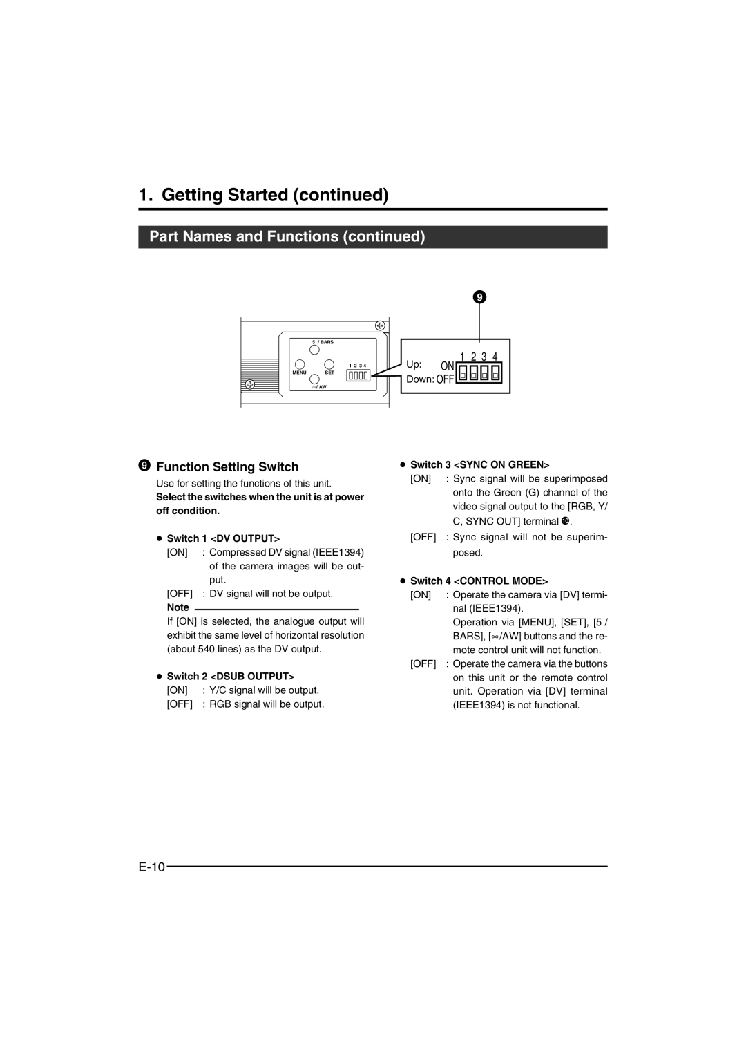 JVC KY-F550 Function Setting Switch, Off, Switch 2 Dsub Output, Switch 3 Sync on Green, Switch 4 Control Mode 