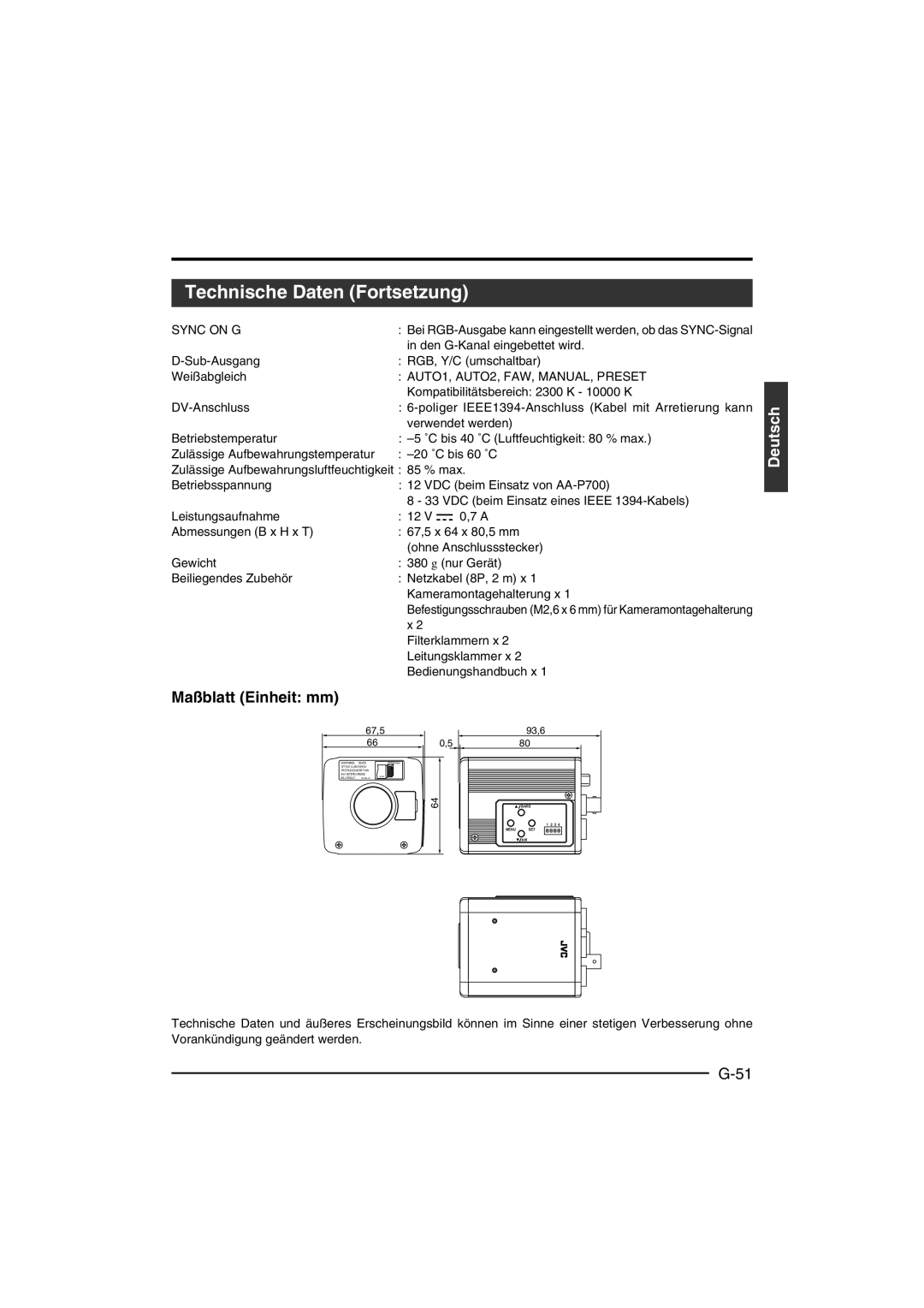 JVC KY-F550 instruction manual Technische Daten Fortsetzung, Maßblatt Einheit mm, Den G-Kanal eingebettet wird 