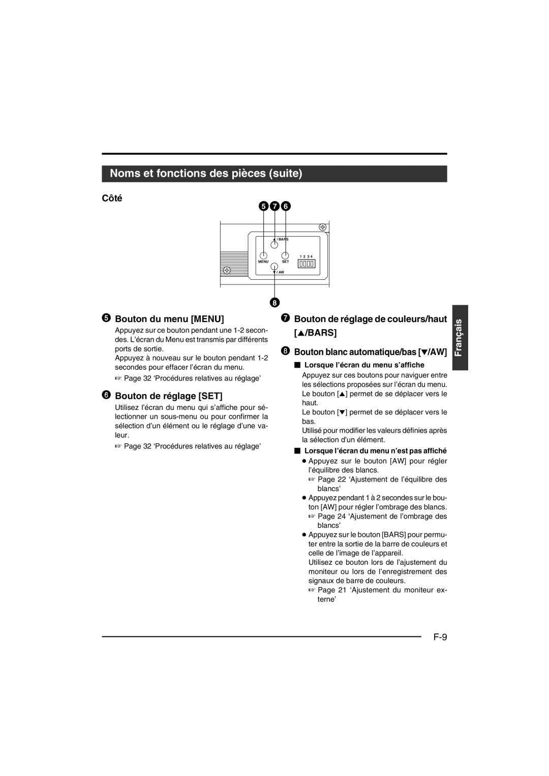 JVC KY-F550 instruction manual Noms et fonctions des pièces suite, Côté, Bouton du menu Menu, Bouton de réglage SET 