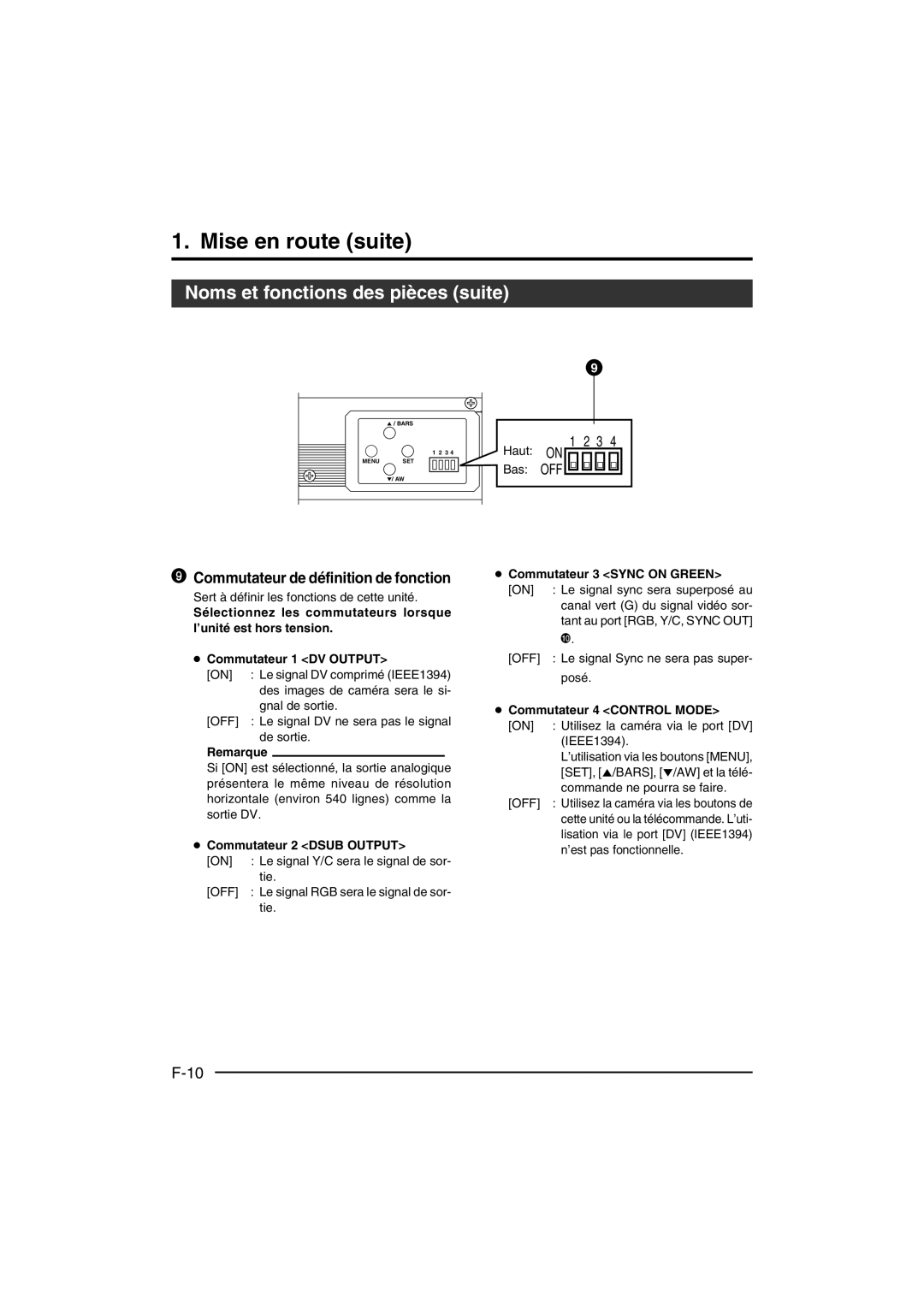 JVC KY-F550 Commutateur de définition de fonction, Remarque, Commutateur 2 Dsub Output, Commutateur 3 Sync on Green 