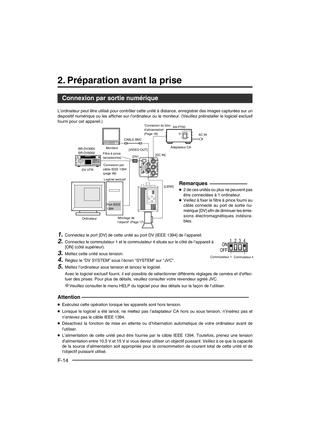 JVC KY-F550 instruction manual Préparation avant la prise, Connexion par sortie numérique, Remarques 