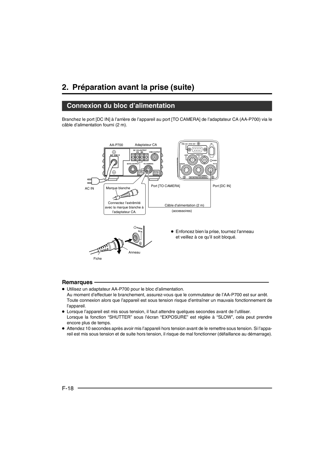 JVC KY-F550 instruction manual Connexion du bloc d’alimentation, AA-P700 Adaptateur CA 