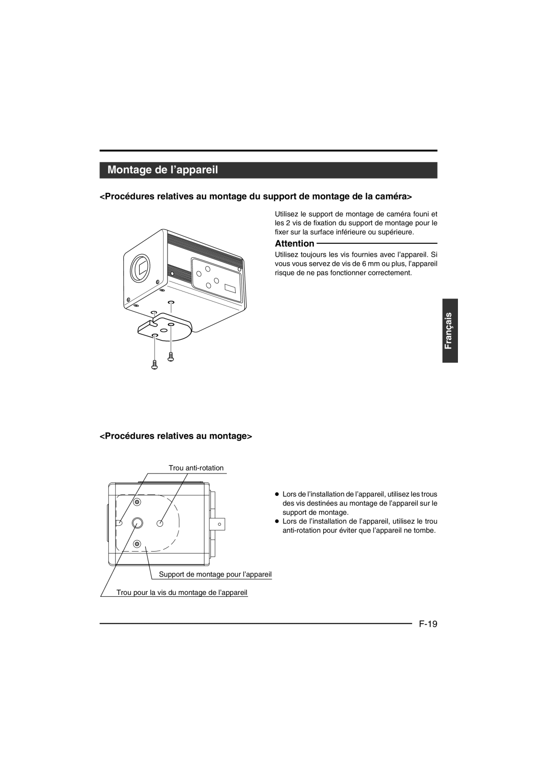 JVC KY-F550 instruction manual Montage de l’appareil, Procédures relatives au montage, Trou anti-rotation 