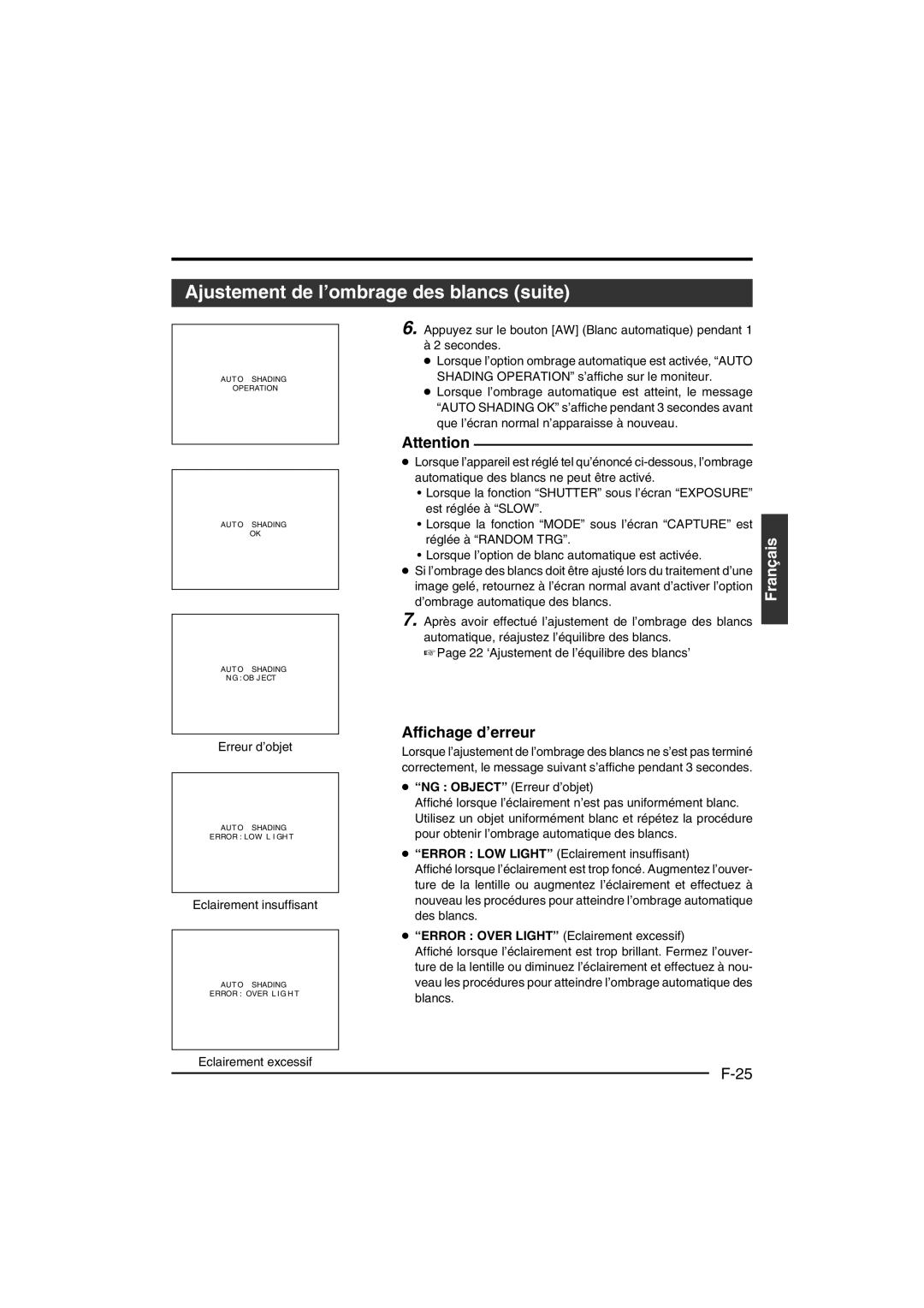 JVC KY-F550 instruction manual Ajustement de l’ombrage des blancs suite 