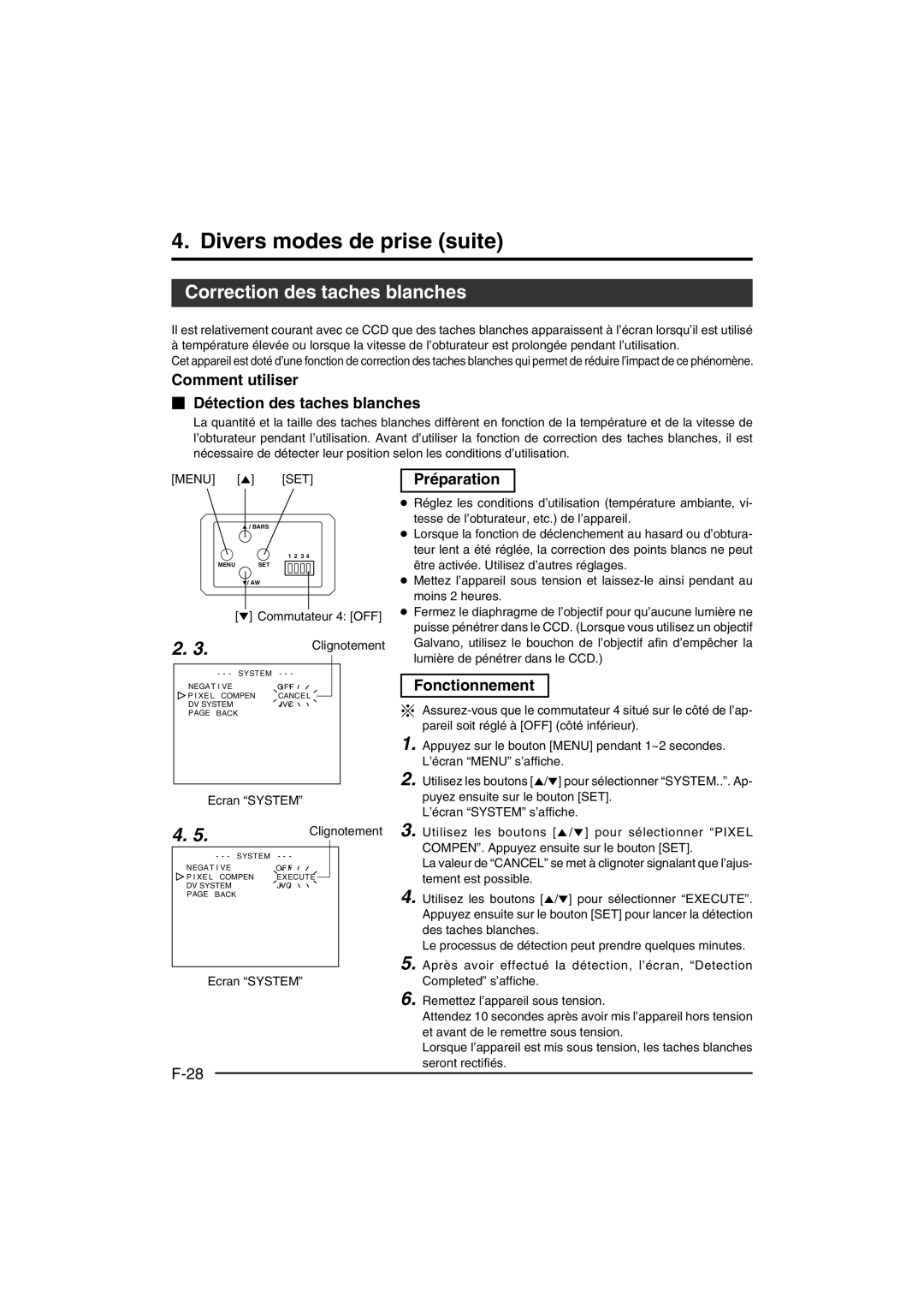 JVC KY-F550 Divers modes de prise suite, Correction des taches blanches, Comment utiliser  Détection des taches blanches 