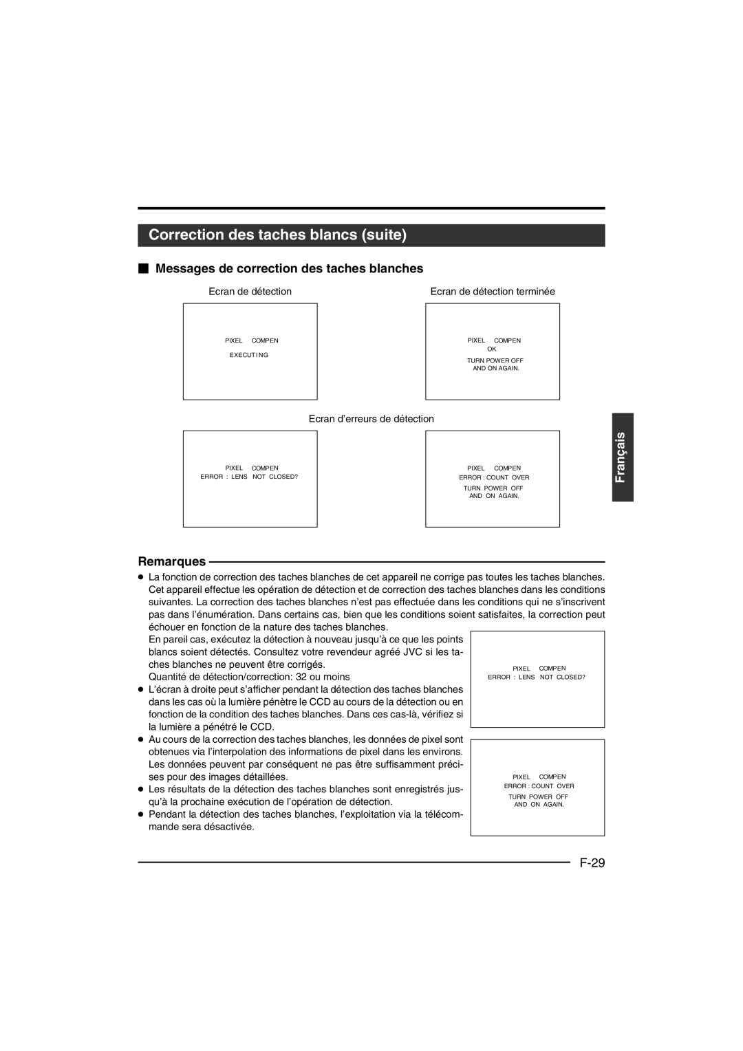 JVC KY-F550 instruction manual Correction des taches blancs suite,  Messages de correction des taches blanches 