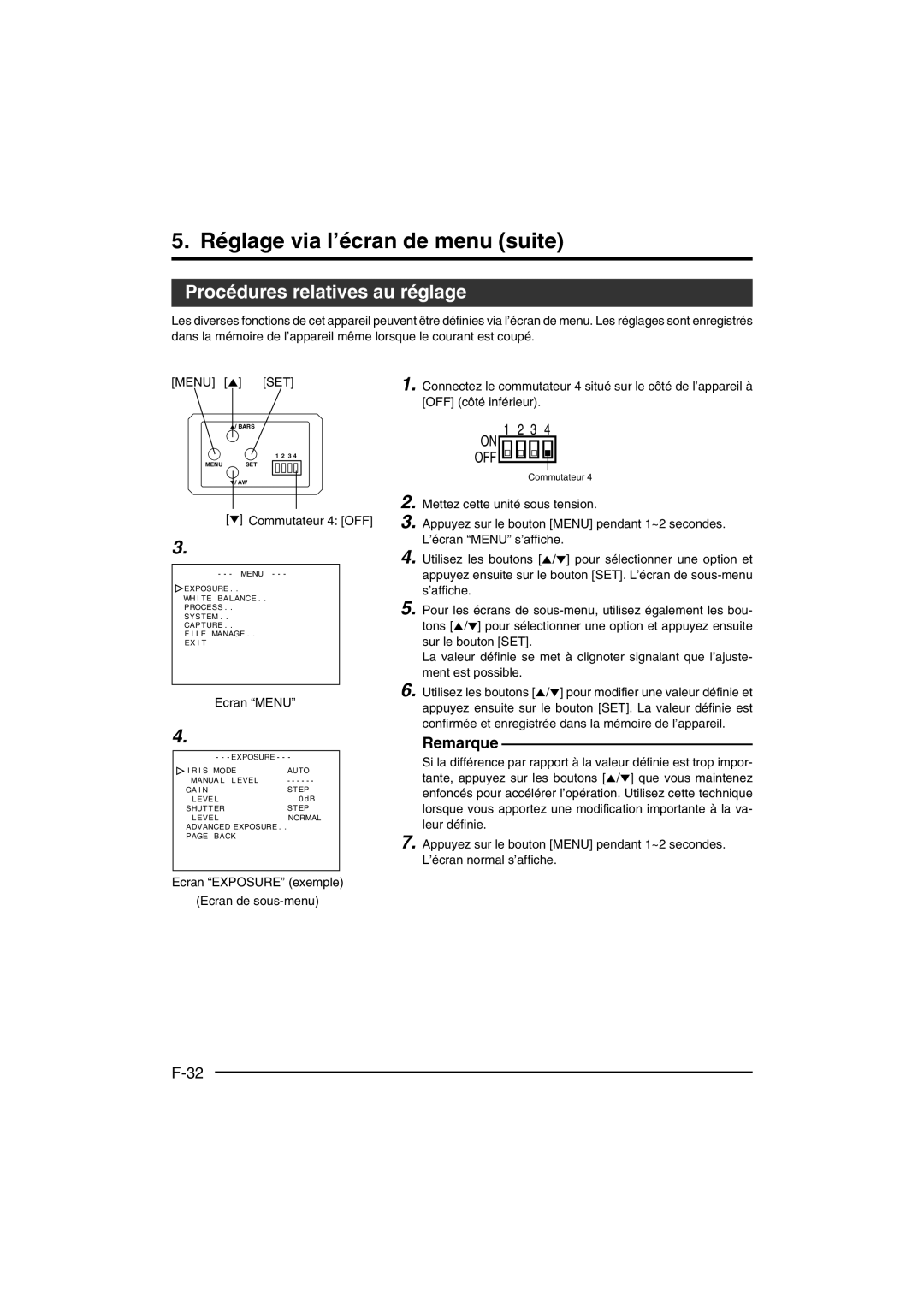 JVC KY-F550 instruction manual Réglage via l’écran de menu suite, Procédures relatives au réglage, Ecran Menu 