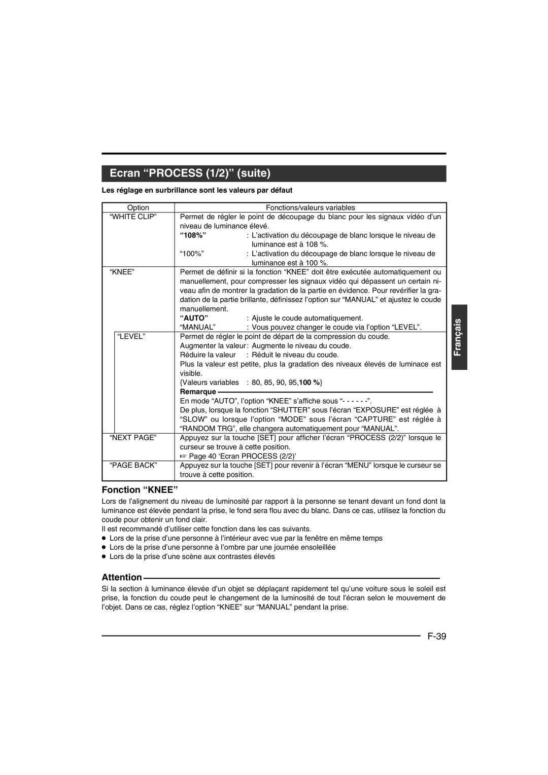 JVC KY-F550 instruction manual Ecran Process 1/2 suite, Fonction Knee, Ajuste le coude automatiquement 