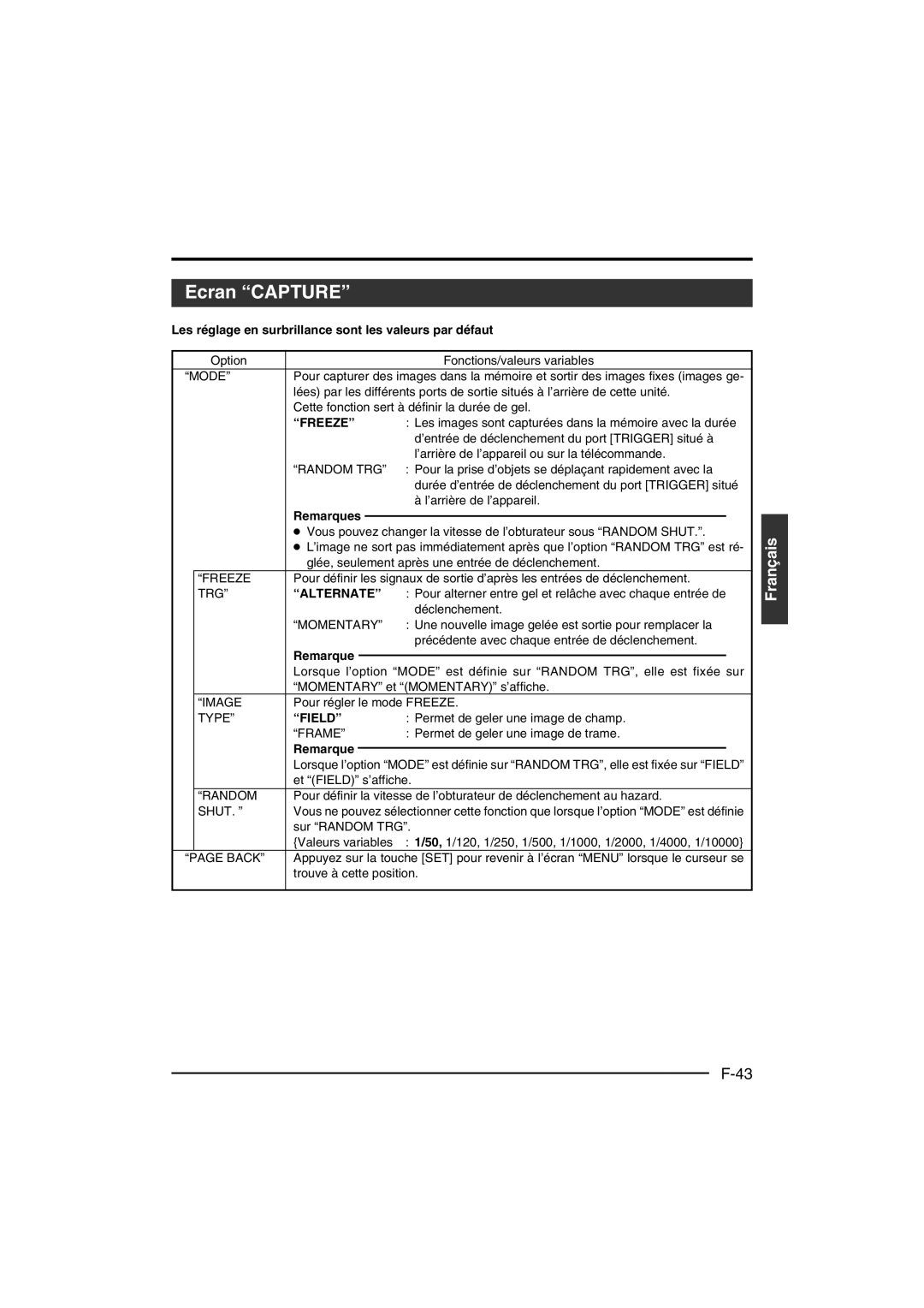 JVC KY-F550 instruction manual Ecran Capture, Random TRG, Alternate, Momentary 