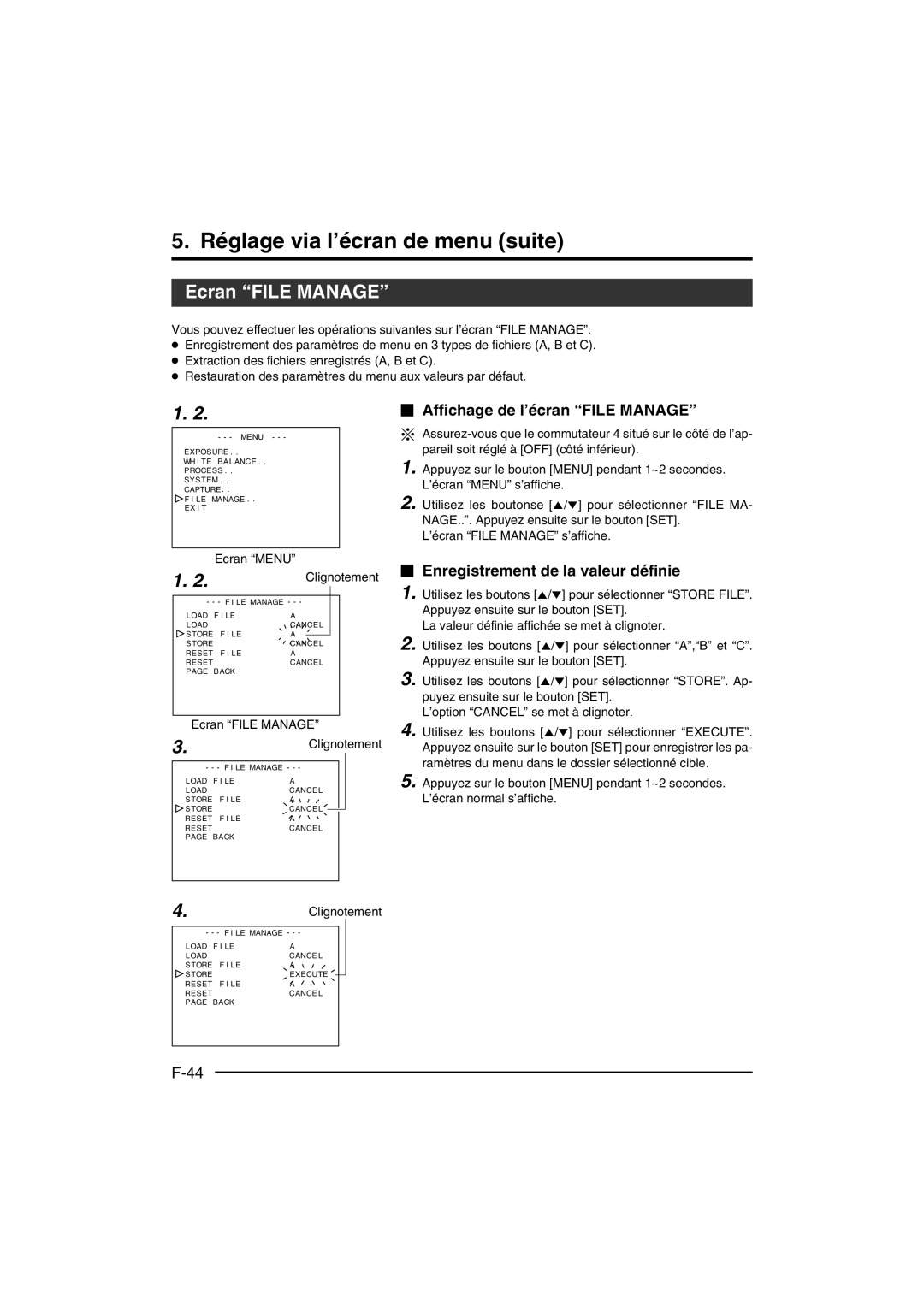 JVC KY-F550 instruction manual Ecran File Manage,  Affichage de l’écran File Manage,  Enregistrement de la valeur définie 