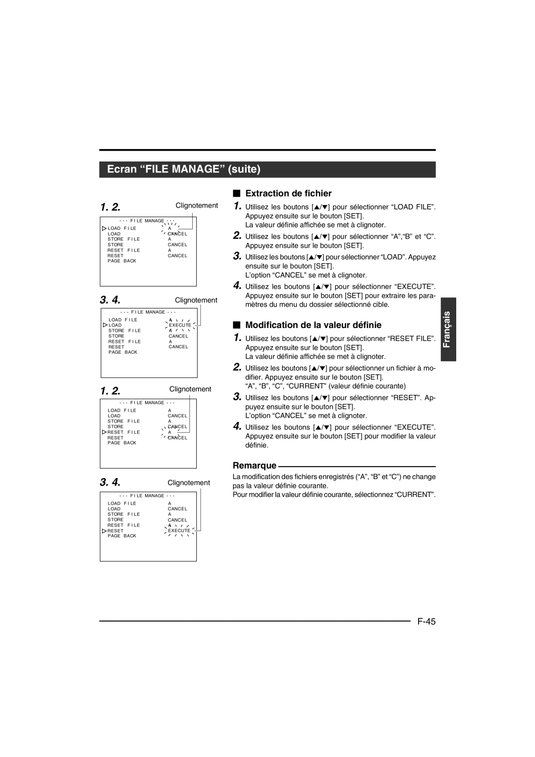 JVC KY-F550 instruction manual Ecran File Manage suite,  Extraction de fichier,  Modification de la valeur définie 