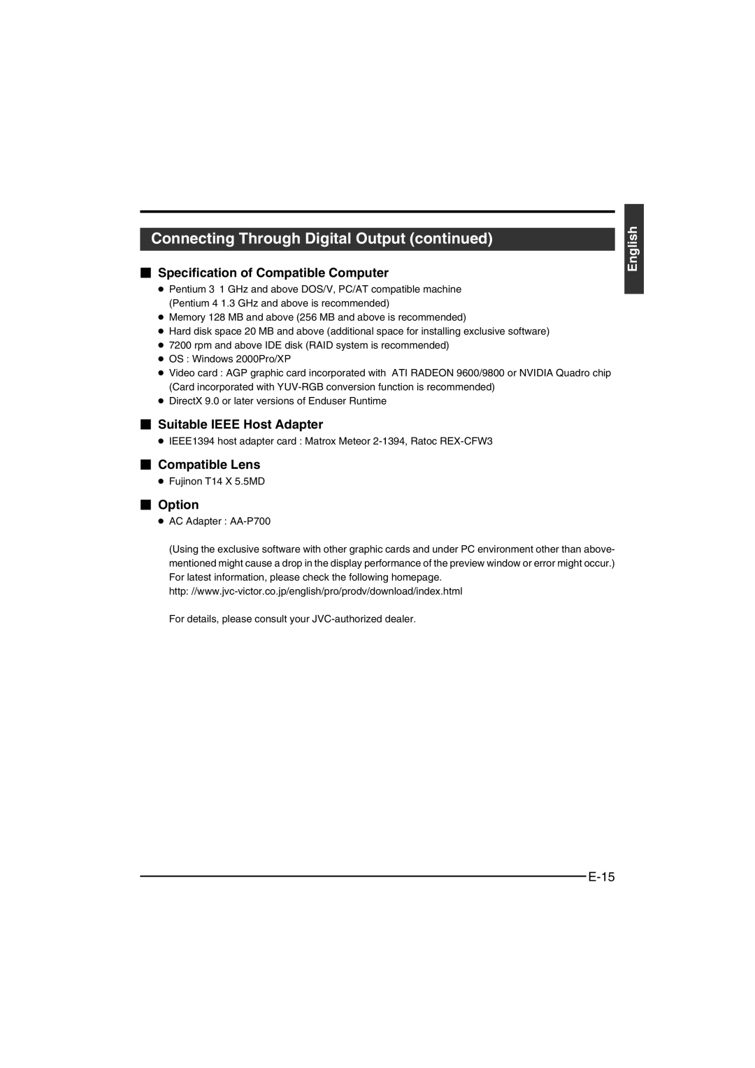 JVC KY-F550  Specification of Compatible Computer,  Suitable Ieee Host Adapter,  Compatible Lens,  Option 